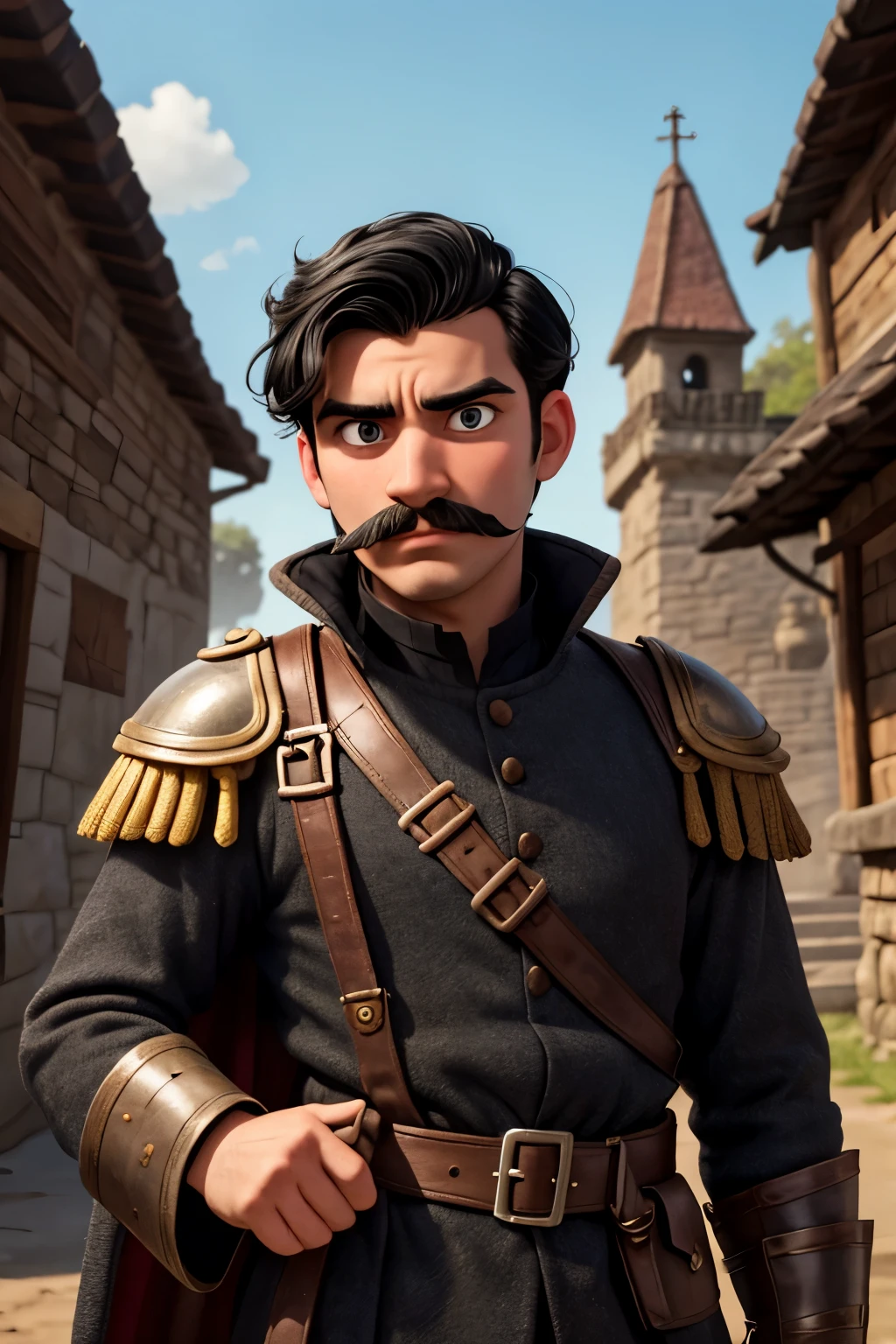 Sir Valens is a young white man with straight black hair and a well-groomed black mustache.. His black eyes with pupils just a little larger than normal, giving him a serious expression., but also inquisitive when exploring her kingdom.