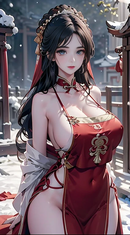 (masterpiece), (absurd), (Focus on the thighs), radiant skin, girl, solitary, The students shine, Long eyelashes, shut up, long hair, Striped hair, curls, (Chinese belly pocket:1.27),(Red plush cloak:1.2)，Viewer, (Covered with snow，night，bright ancient temple:1.3), light，(Ultra-realistic textile textures)，,Award-winning photos, Very detailed, amazing, fine details, (Very detailed eyes:1.125) and face,  Kodak Porter 400 Camera F1.6， The lens is colorful ，Ultra-realistic textures ，Unreal Engine ，ArtStation Cinestill 800 Tungsten Light Trend, Beautiful woman, Urzan-6500, (Charming smile),(((Large Breasts、Breast sagging、Low-cut，Cleavage ，Wide hips,)))((Long legs)),Hourglass figure))