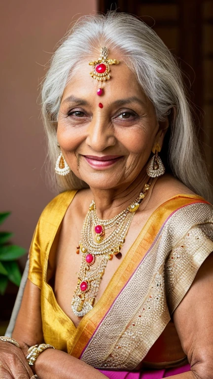 an elderly woman in, age 65, Solo, traditional Indian attire, brown skin, long silver hair, wrinkles adorning her face, bright, almond-shaped eyes framed by thick eyelashes, jewelry adorned with intricate silver handicrafts, full-length saree, body painted with delicate henna designs, bare shoulders revealing the wisdom of age, off shoulders revealing a glimpse of the golden skin beneath, traditional Indian blouse, realistic yet filled with the charm of age, a hint of a soft smile playing on her lips, captivating, the essence of beauty from within, timeless, exuding grace and elegance.