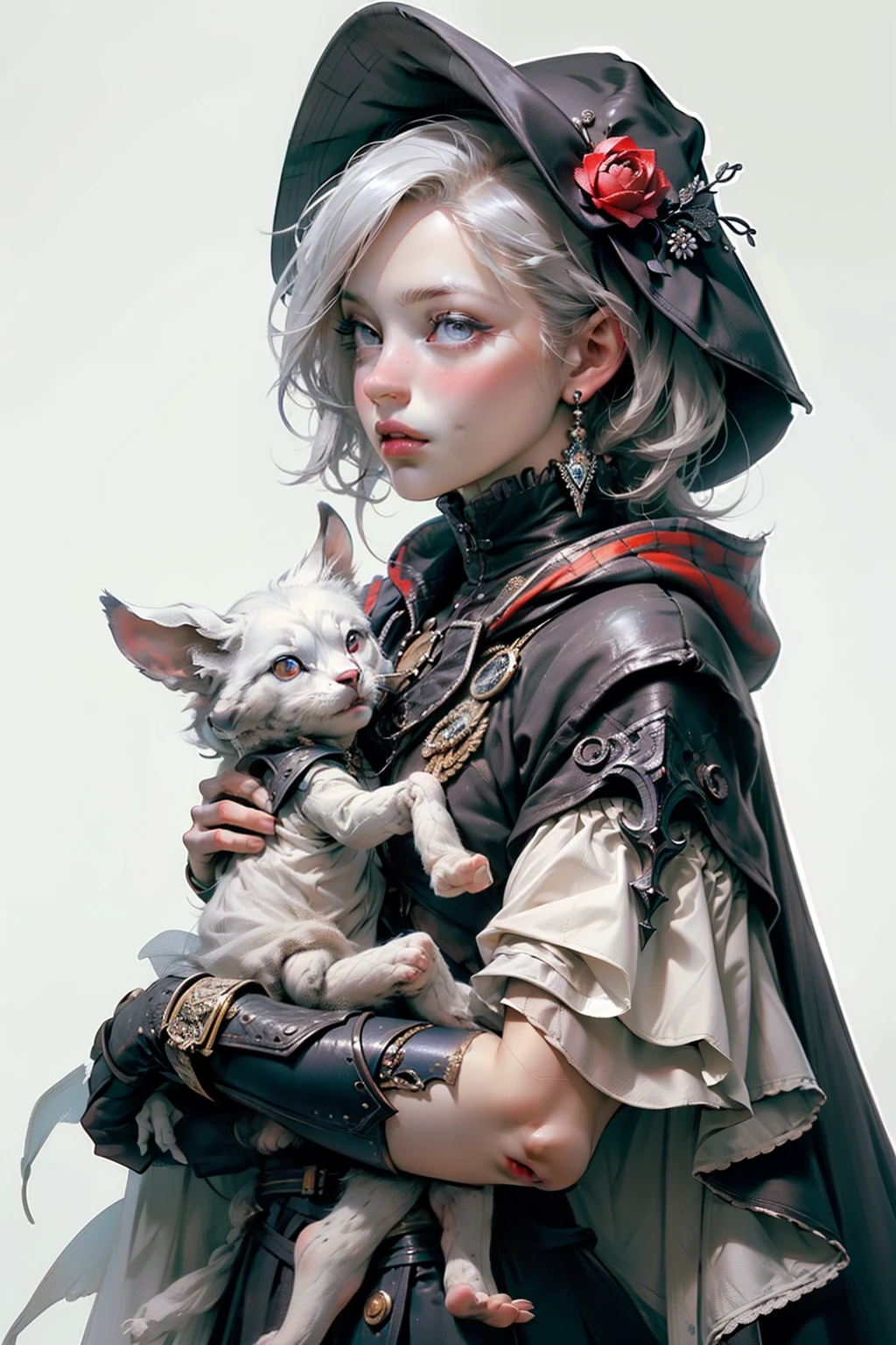 ((best quality)), ((masterpiece)), (detailed), perfect face, hand drawn style, hand painted style, watercolour, sketch, a knight, white background, plain background, Bloodborne inspired, tatty Bloodborne attire, occult aesthetic, occult, tatty red and white clothing detailed and intricate steampunk and detailed gothic lolita (with a hood), diadems, long coat, Complex laced boots, Fluttering lace flared long knee length dress with frilly petticoats, long dress, knee length dress, pleated petticoats, lolita dress, petticoats gothic lolita, beautiful small breasts, (((( Highly detailed face))), small thin nose, Small thin lips mouth, (((Very sharp focused eyes))), Very large slit precision pale grey eyes that shine like jewels. very long eyelashes, Silver hair swaying in the wind, Emitting a dazzling light in a mandala pattern, white background, Very dramatic and cinematic lighting, tatty damaged old red and white clothing, full body, whole body, body, cosmic horror, grim dark