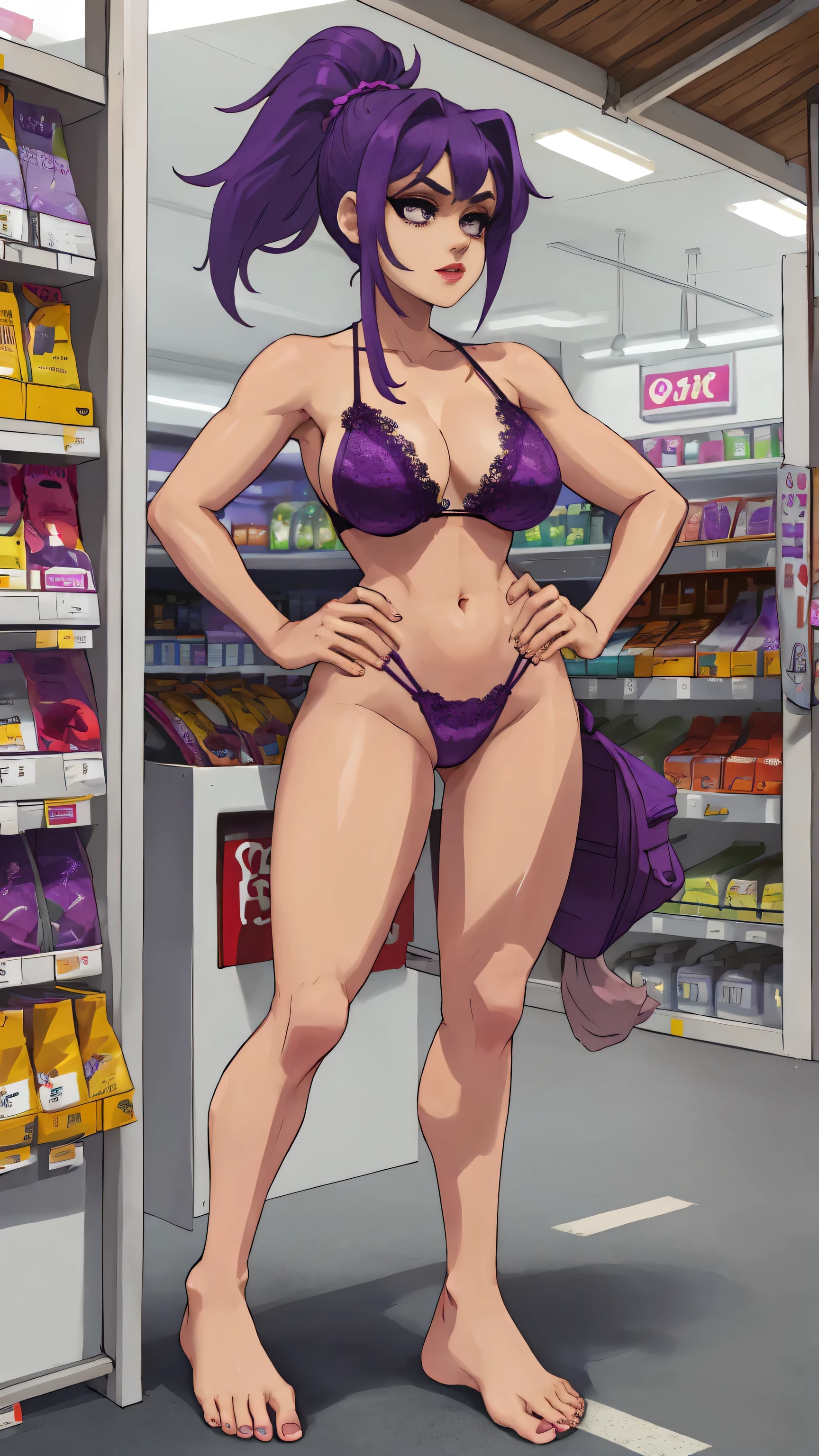 1 woman, Purple hair tied into a ponytail , sly face , purple bikini with lace ,  , Long legs , Put your hands on your hips... , Barefoot , convenience store
