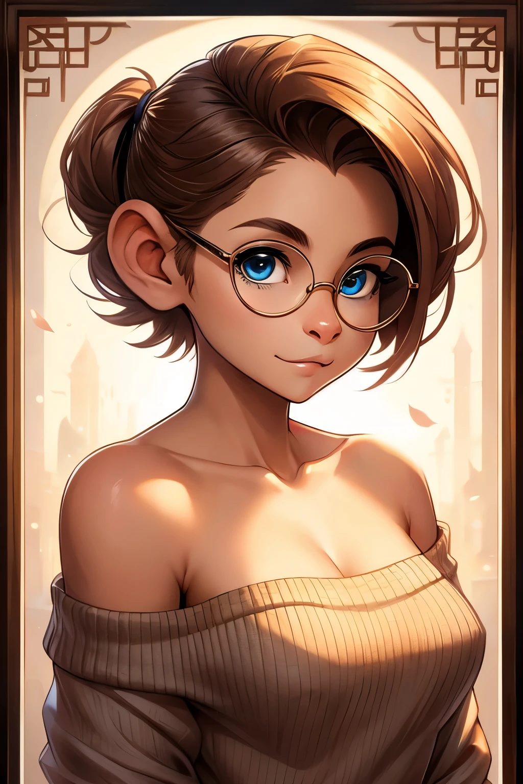 Female monkey, furry, light brown fur, side swept hair, half shaved head, short hair, monkey ears, busty chest, hourglass figure, off shoulder sweater, light blue eyes, circular framed glasses, long monkey tail, beautiful, correct anatomy, no human features