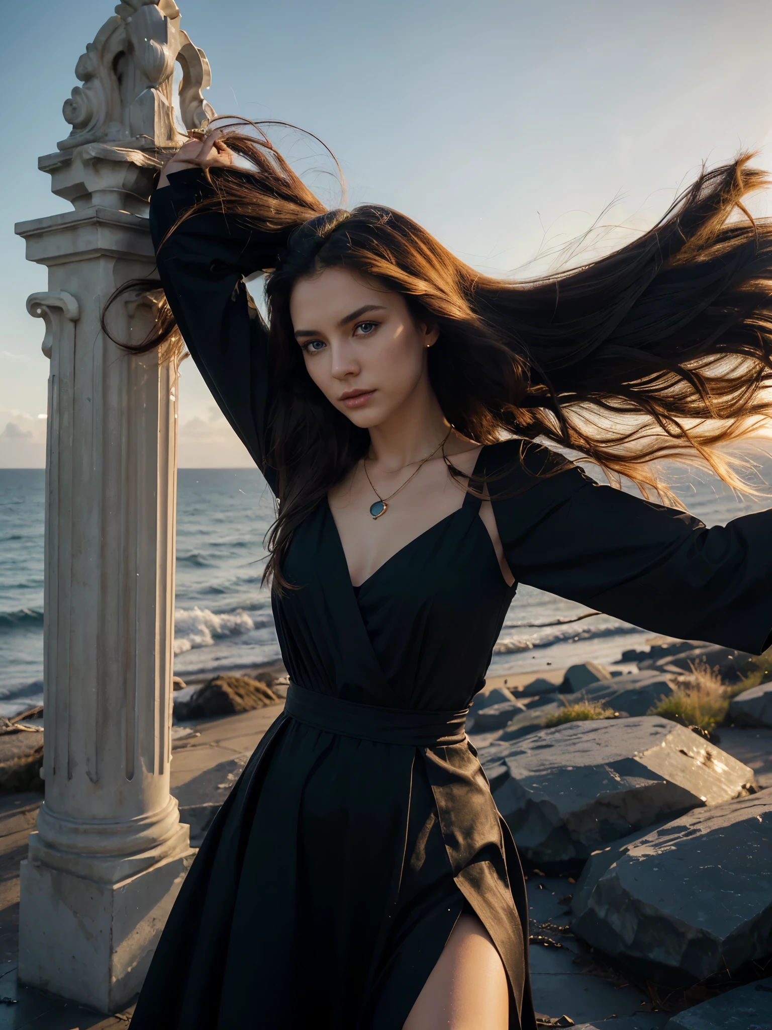 
3D ,stunning girl  ,beautiful perfect bright Blue eyes, very beautiful mesmerizing face,windy day, Golden bracelets and necklaces, long hair is waving in the wind ,(official art, beautiful and aesthetic:1.2), extremely detailed, highest detailed, pale skin, the creamy smooth skin,( long  monolith blocks and columns, star and nebulas at the horizon , calm sea at the scene), black  dark post- modern dress is waving at the wind, strong light, backlighting, withered vegetation, thread, glass, strong shadow, close-up, fog, futuristic fashion, modern art, movement, Post-apocalyptic, Biofabric, Gothic wind,bright light on face , sunset , yellowish red rays at the sky ,