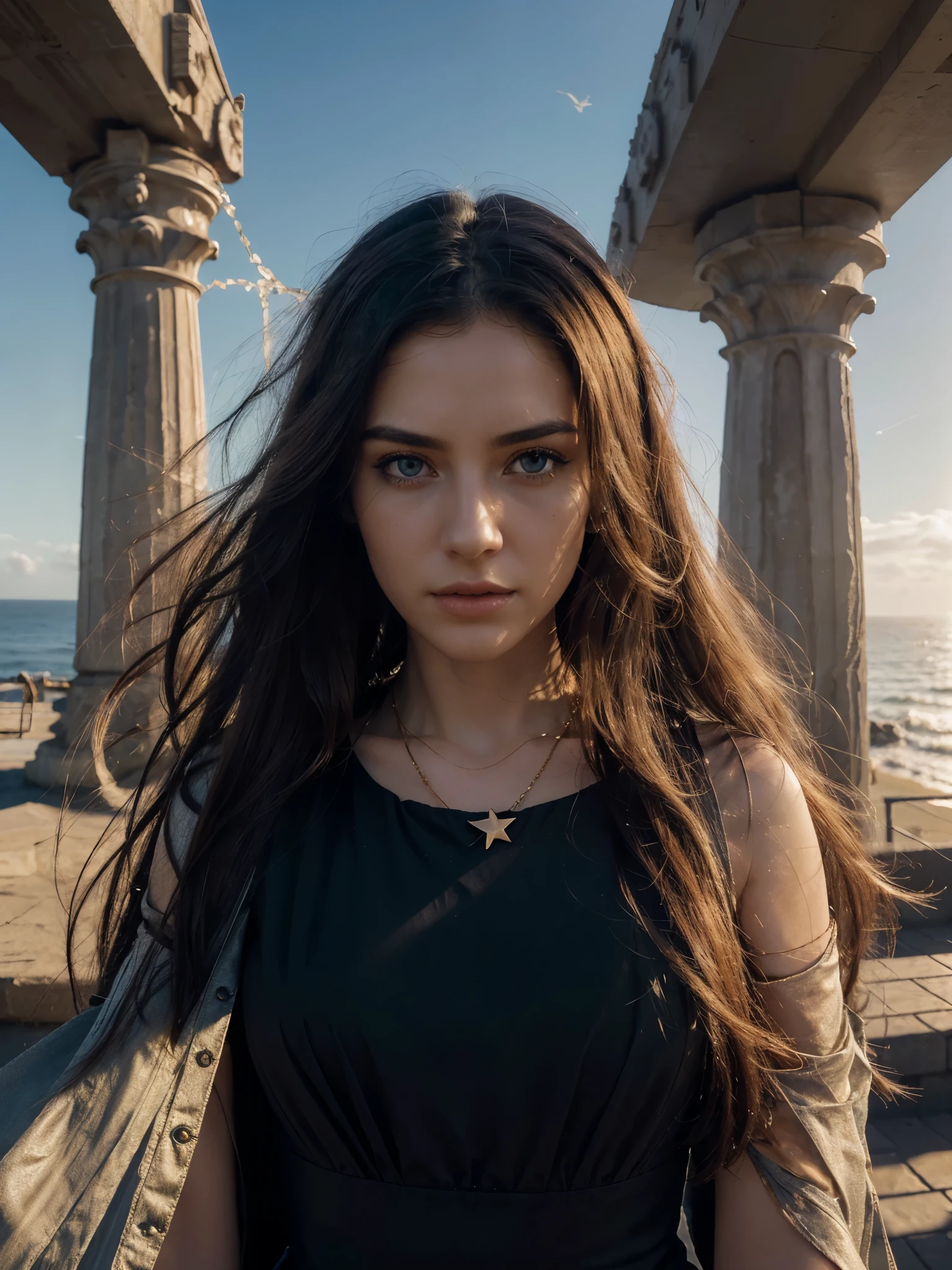 3D ,stunning girl ,beautiful perfect bright Blue eyes, very beautiful mesmerizing face,windy day, Golden bracelets and necklaces, long hair is waving in the wind ,(official art, beautiful and aesthetic:1.2), extremely detailed, highest detailed, pale skin, the creamy smooth skin,( long monolith blocks and columns, star and nebulas at the horizon , calm sea at the scene), black dark post- modern dress is waving at the wind, strong light, backlighting, withered vegetation, thread, glass, strong shadow, close-up, fog, futuristic fashion, modern art, movement, Post-apocalyptic, Biofabric, Gothic wind,bright light on face , sunset , yellowish red rays at the sky ,