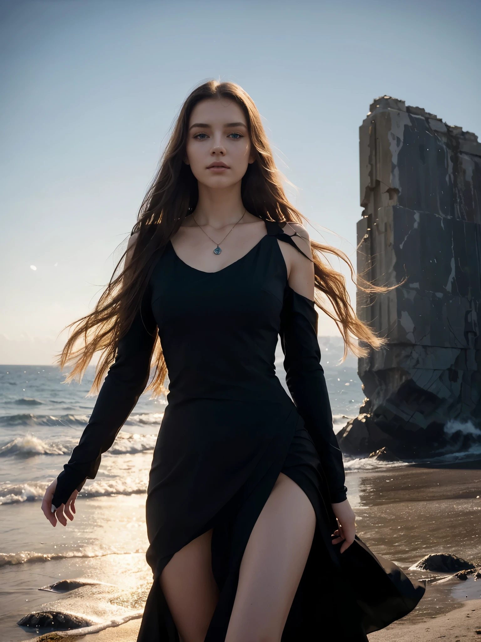 3D ,stunning girl ,beautiful perfect bright Blue eyes, very beautiful mesmerizing face,windy day, Golden bracelets and necklaces, long hair is waving in the wind ,(official art, beautiful and aesthetic:1.2), extremely detailed, highest detailed, pale skin, the creamy smooth skin,( long monolith blocks and columns, star and nebulas at the horizon , calm sea at the scene), black dark post- modern dress is waving at the wind, strong light, backlighting, withered vegetation, thread, glass, strong shadow, close-up, fog, futuristic fashion, modern art, movement, Post-apocalyptic, Biofabric, Gothic wind,bright light on face , sunset , yellowish red rays at the sky ,
