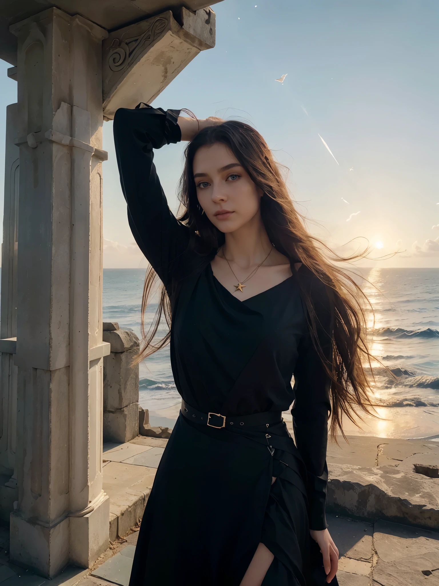 3D ,stunning girl ,beautiful perfect bright Blue eyes, very beautiful mesmerizing face,windy day, Golden bracelets and necklaces, long hair is waving in the wind ,(official art, beautiful and aesthetic:1.2), extremely detailed, highest detailed, pale skin, the creamy smooth skin,( long monolith blocks and columns, star and nebulas at the horizon , calm sea at the scene), black dark post- modern dress is waving at the wind, strong light, backlighting, withered vegetation, thread, glass, strong shadow, close-up, fog, futuristic fashion, modern art, movement, Post-apocalyptic, Biofabric, Gothic wind,bright light on face , sunset , yellowish red rays at the sky ,