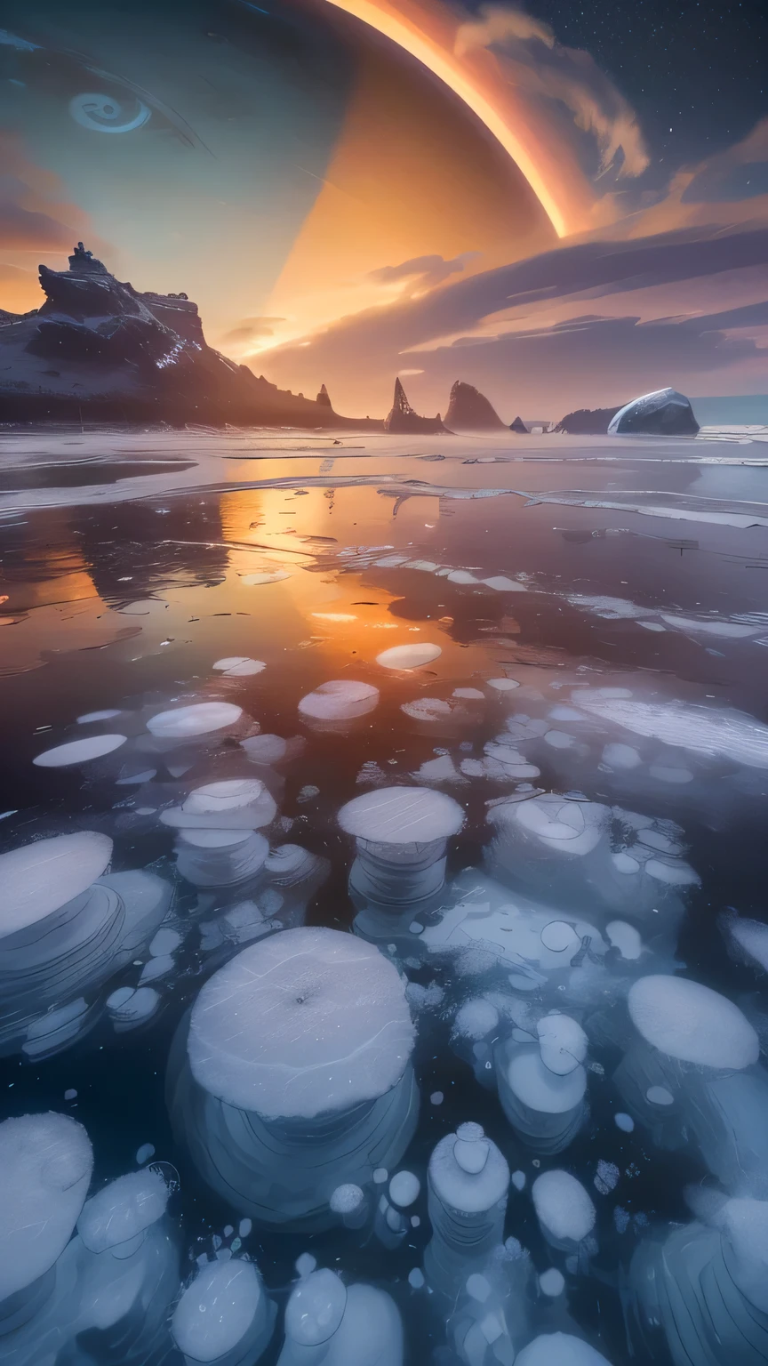 Standing on the methane ocean beach of Titan and gazing at the partially visible Saturn and its rings in the sky would be an extraordinary and surreal experience. : The beach itself would be composed of icy and rocky materials, with a mixture of frozen hydrocarbons. The ground would feel solid underfoot but with a texture somewhat like a very cold, frozen sand or gravel., e ocean would be composed of liquid methane and ethane. The waves, if present, would lap gently against the shore, with a faint, sloshing sound. The liquid would appear somewhat clear but with a slightly oily sheen, reflecting the muted light. High above, Saturn would dominate a portion of the sky, appearing as an immense, partially visible sphere. The planet would be several times larger than the Moon as seen from Earth, providing a dramatic and awe-inspiring view. Clouds of methane and ethane might drift across the sky, adding layers of depth and movement. Occasionally, you might witness a gentle methane rain, with tiny droplets creating ripples on the ocean surface and adding a slight mist to the air. he overall color scheme would range from deep oranges and browns to muted yellows. Closer to the horizon, the haze would likely appear darker, almost rust-colored, while the zenith (the point directly overhead) would be a lighter, hazier orange., frozen methane bubbles. Dominating the sky, Saturn's rings stretch across like an enormous, ethereal rainbow, their muted shades of white, gray, and light brown cutting through the orange glow. The liquid methane waves gently lap the shore, reflecting the diffuse amber light.