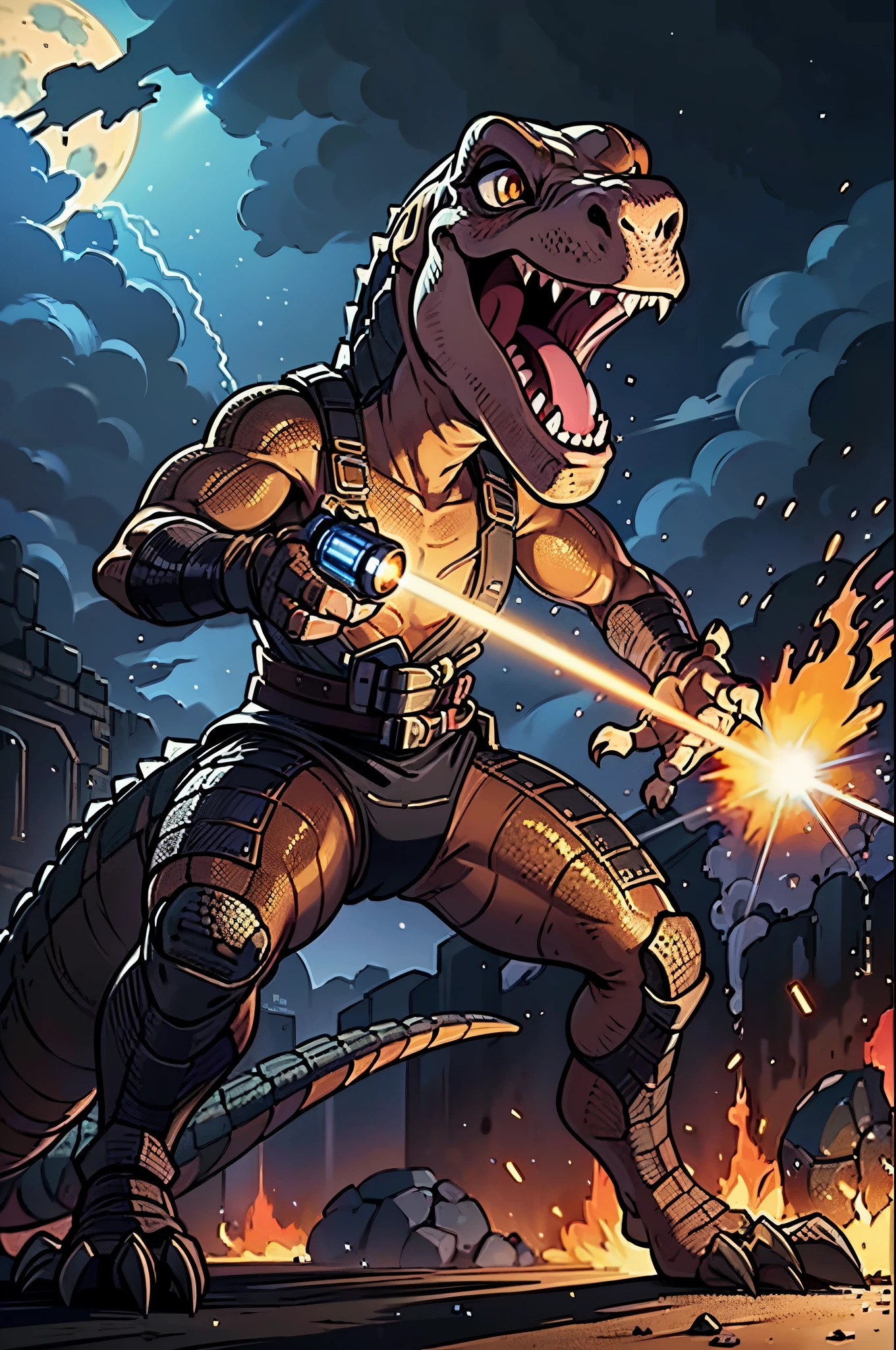 (((dinosaur character, full body, cinematic setting, lizard male))) Here I come, drop your jaws to the floor I'm riding on my (((mighty laser-shooting dinosaur))) Here we come, can you hear him roar? Prepare for epic fight and his (((laser missiles))) The sound is boom, boom, boom for every time a goblin dies Let's sing now, here we go, hear my battle cries (((Made of metal))) from the moon Assembled by samurai His battery gets charged by thunderstorm With most advanced AI Devouring trolls and unicorns From his maw there comes a flame Burning away our enemies And therefore we proclaim BREAK, detailed background, 8K, (masterpiece:1.5), intricate details, highly detailed, extreme detail, octane render, fine art, best quality, highres, (detailed face:1.5), ((full_body)), UHD, (((perfect hands))), low light