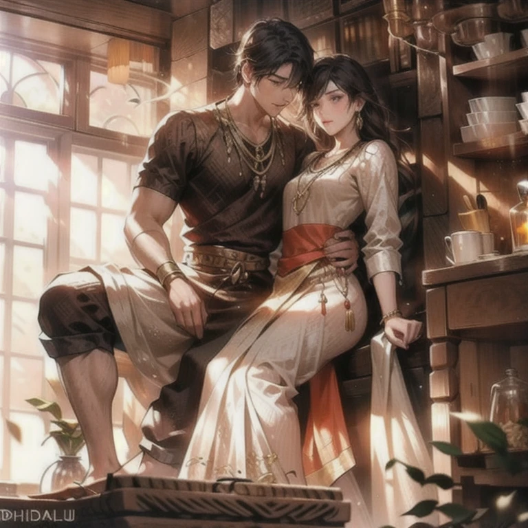 (masterpiece, best quality:1.2), an ancient indian hindu men in dhoti, bare upoer body, ancient indian male jewelry is holding waist of an ancient indian beautiful hindu princess in indian gold plated saree, gold jewellery from behind, romantic, romantic scenery, cinematic lighting, cinematic scenery, sunlight, romantic, soft light, wallpaper, expanding landscape, 1girl, 1men, full body