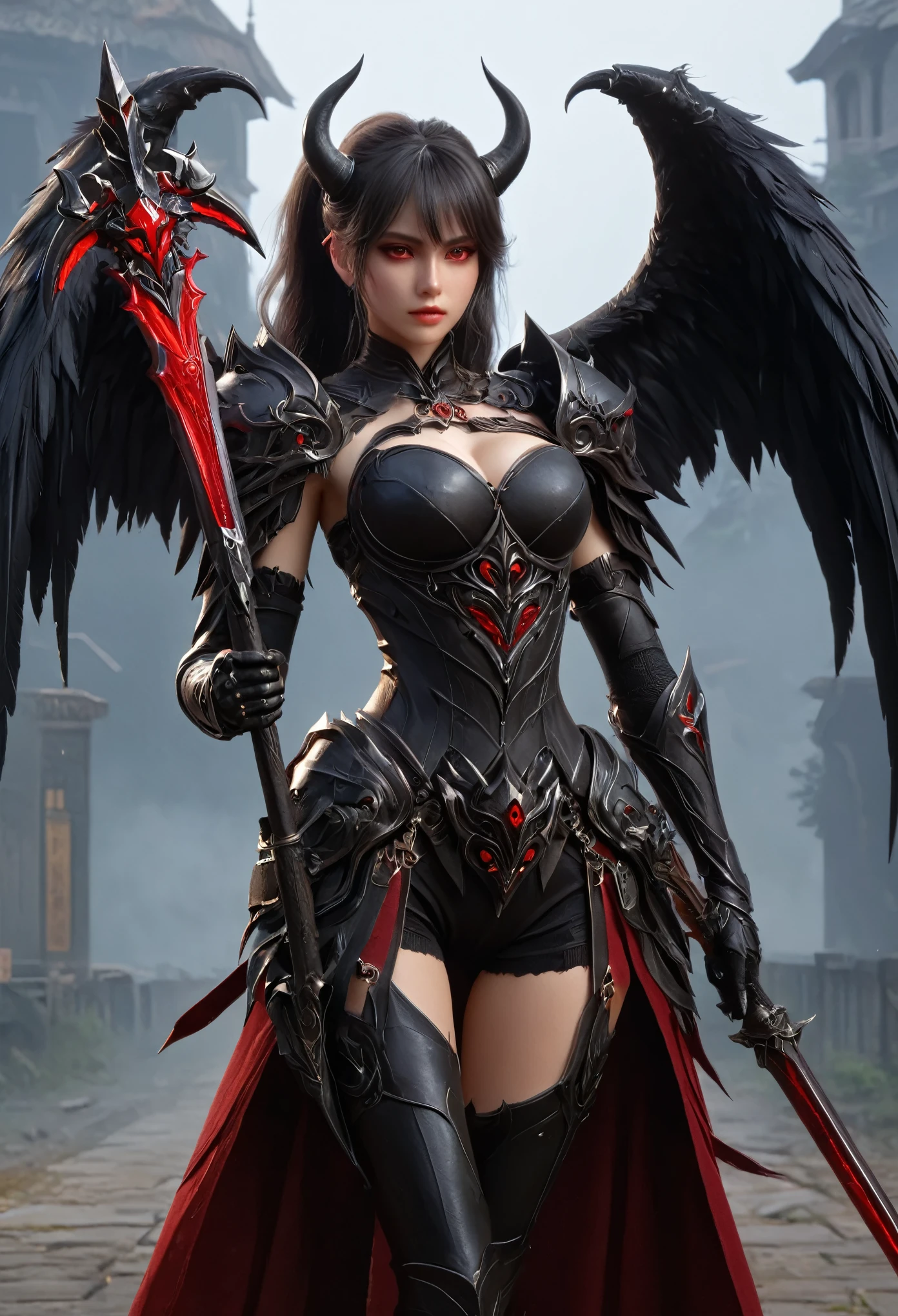 (best quality,4k,highres,masterpiece:1.2),ultra-detailed,(realistic,photorealistic:1.37),(highest quality), (detailed), Light Layer, Shiny skin, (intricate detailed, Tight clothes, Devil's Wings, hair ornaments:1.2), From above, Black Hair, Black choker, Long Hair, Hime cut, woman, Blunt bangs, Side Lock, Red eyes, Holding a walking stick,Holding a scythe,Holding a sword, (young woman:1.1), Side Ponytail  (Simple Background:1.1),  