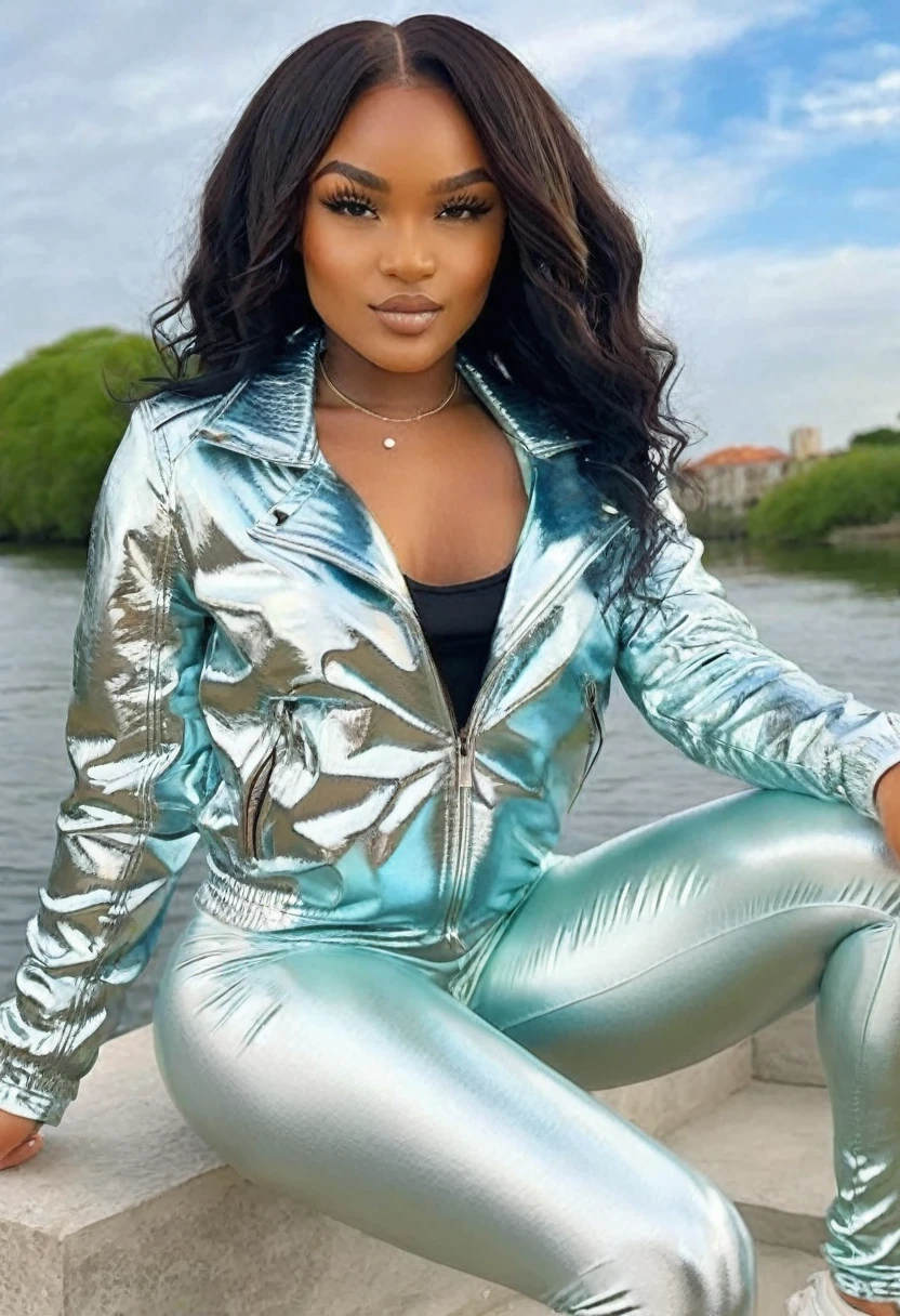 (best high quality:1.5), obra de arte, ((8k)), extremely detailed, (High details:1.4), (Hotlexi woman), Solo, 24 year old African with (wavy short hair) female, (drip jacket and leggings),