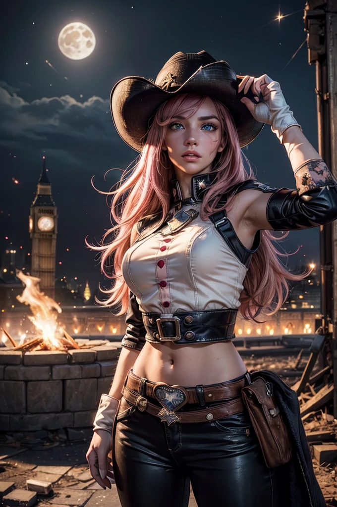 (masterpiece,stunning girlfriend, (standing:1.1), dynamic pose, heart shaped face, elegant face, beautiful face, highly detailed face, highly detailed skin, skin pores, subsurface scattering, realistic pupils, looking at viewer, full lips, detailed background, depth of field, atmospheric perspective, volumetric lighting, sharp focus, absurdres, realistic proportions, good anatomy, (realistic, hyperrealistic:1.4), 16k hdr, neopolitan, neopolitan, long hair, brown hair, (brown eyes:1.3), brown eyes, pink eyes, (heterochromia:1.2), ((two-tone hair, split-color hair, pink hair, brown hair, multicolored hair)), BREAK gloves, hat, navel, detached sleeves, midriff, belt, pants, white gloves, black headwear, bowler hat, boxing pose, BREAK outdoors, night, stars, moon, post-apocalypse, dystopian future, london in ruins, big ben, crowd, (crowd in military uniforms), bonfires, BREAK looking at viewer, (cowboy shot:1.5), BREAK (masterpiece:1.2), best quality, high resolution, unity 8k wallpaper, (illustration:0.8), (beautiful detailed eyes:1.6), extremely detailed face, perfect lighting, extremely detailed CG, (perfect hands, perfect anatomy)
