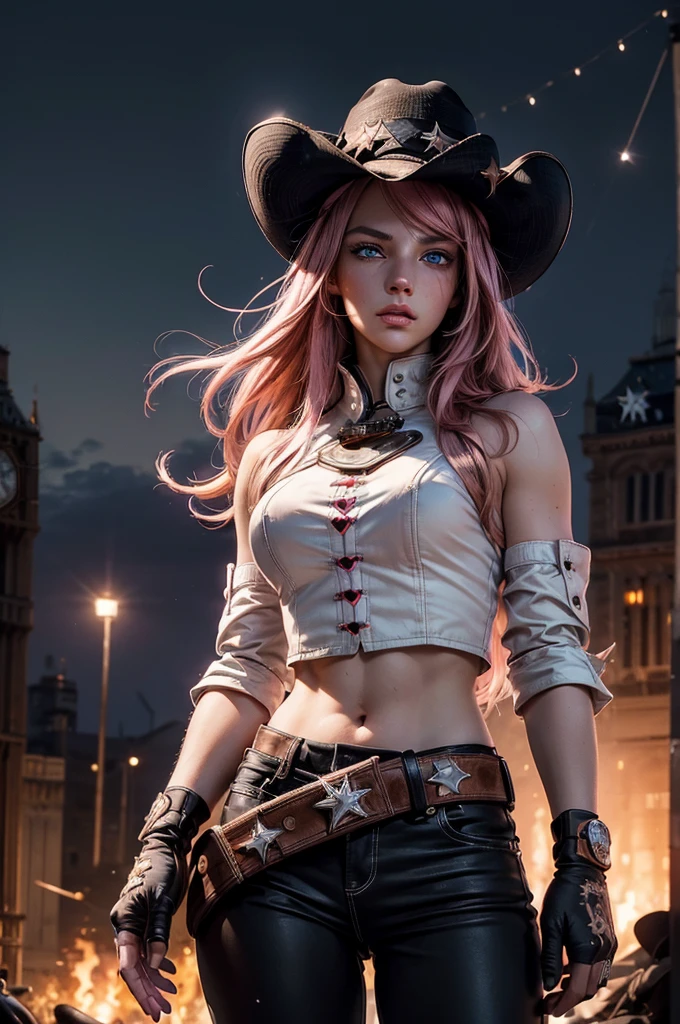 (masterpiece,stunning girlfriend, (standing:1.1), dynamic pose, heart shaped face, elegant face, beautiful face, highly detailed face, highly detailed skin, skin pores, subsurface scattering, realistic pupils, looking at viewer, full lips, detailed background, depth of field, atmospheric perspective, volumetric lighting, sharp focus, absurdres, realistic proportions, good anatomy, (realistic, hyperrealistic:1.4), 16k hdr, neopolitan, neopolitan, long hair, brown hair, (brown eyes:1.3), brown eyes, pink eyes, (heterochromia:1.2), ((two-tone hair, split-color hair, pink hair, brown hair, multicolored hair)), BREAK gloves, hat, navel, detached sleeves, midriff, belt, pants, white gloves, black headwear, bowler hat, boxing pose, BREAK outdoors, night, stars, moon, post-apocalypse, dystopian future, london in ruins, big ben, crowd, (crowd in military uniforms), bonfires, BREAK looking at viewer, (cowboy shot:1.5), BREAK (masterpiece:1.2), best quality, high resolution, unity 8k wallpaper, (illustration:0.8), (beautiful detailed eyes:1.6), extremely detailed face, perfect lighting, extremely detailed CG, (perfect hands, perfect anatomy)