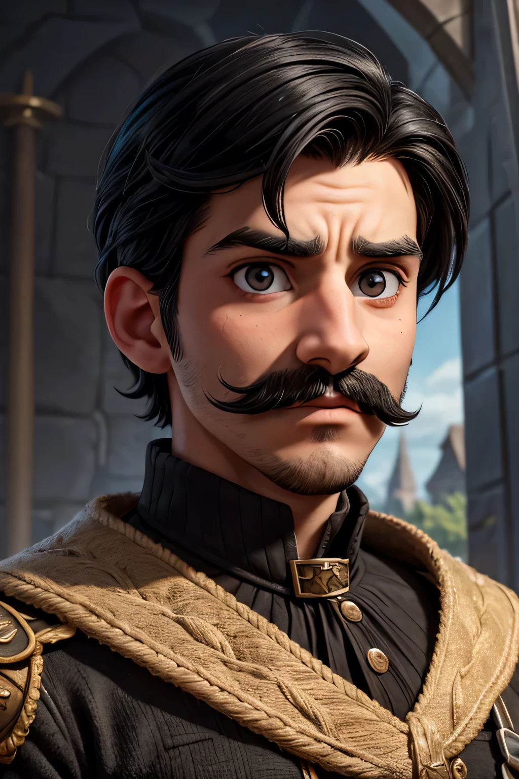 Sir Valens is a young white man with straight black hair and a well-groomed black mustache.. His black eyes with pupils just a little larger than normal, giving him a serious expression., but also inquisitive when exploring her kingdom.