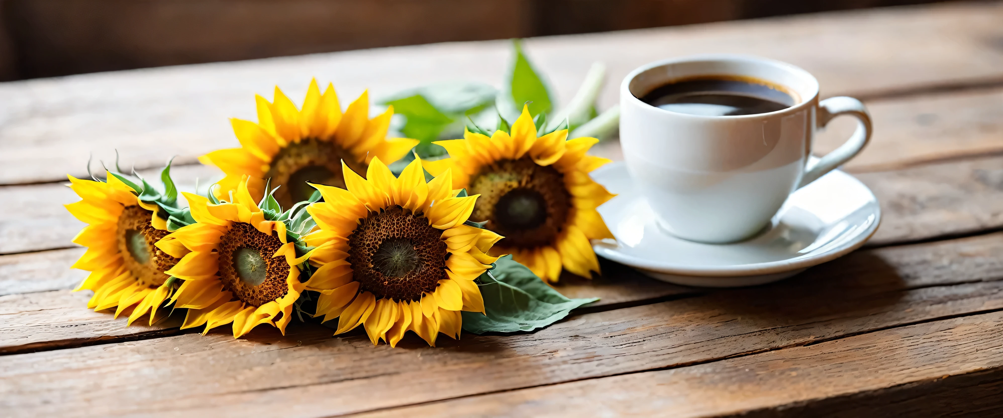 Minimalist style.A bunch of whole mini sunflowers lying flat on a wooden tabletop, Bokeh background、a cup of coffee.Create a fresh、Bright、Relaxing and comfortable atmosphere，Evoking a sense of tranquility and simplicity。A peaceful aura or meditative state has a warm and pure atmosphere