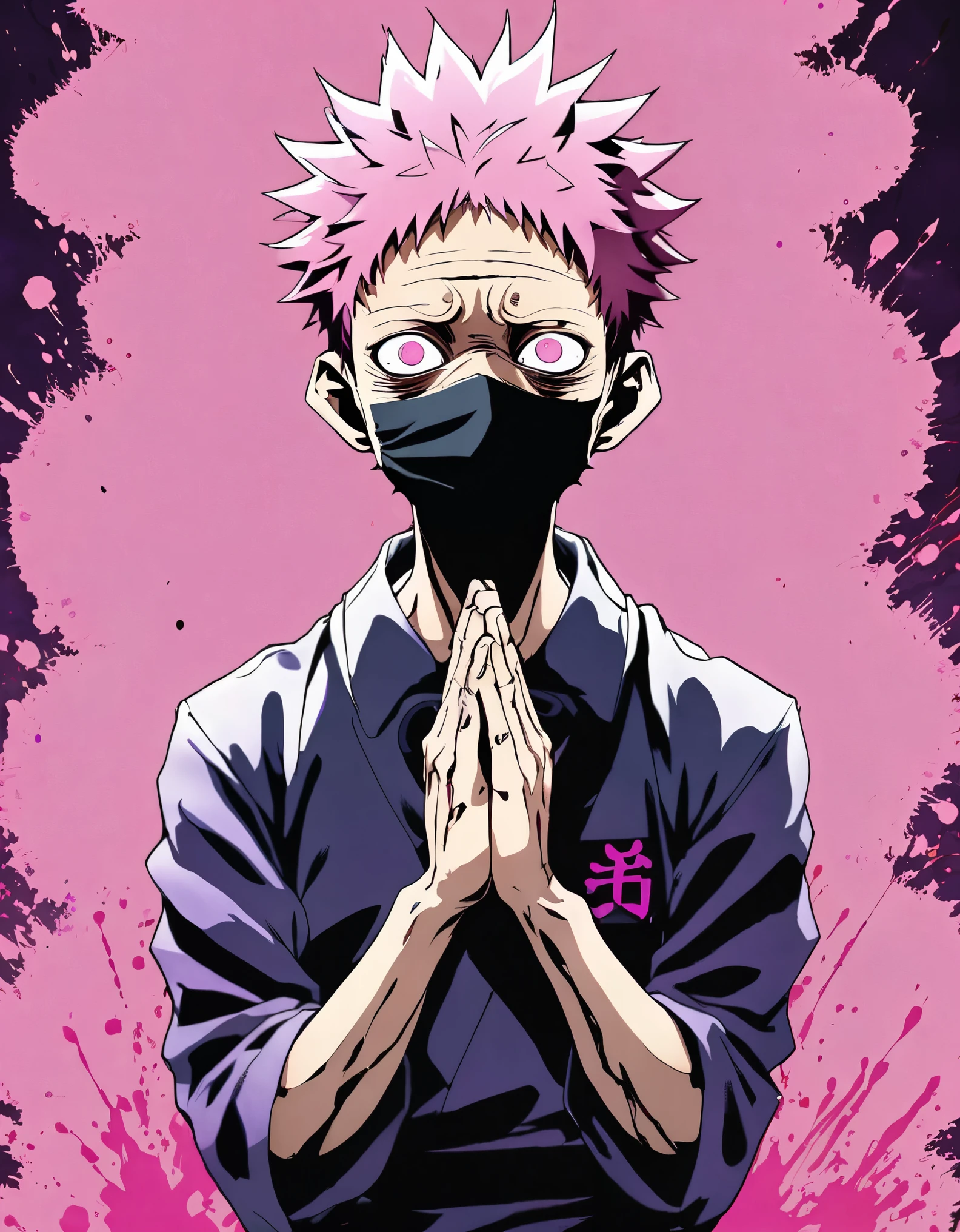 In the image, there is a character from the anime Jujutsu Kaisen with their hands in a praying position in front of their face. The character is wearing a mask and has pink eyes. The background is a purple and black splatter.