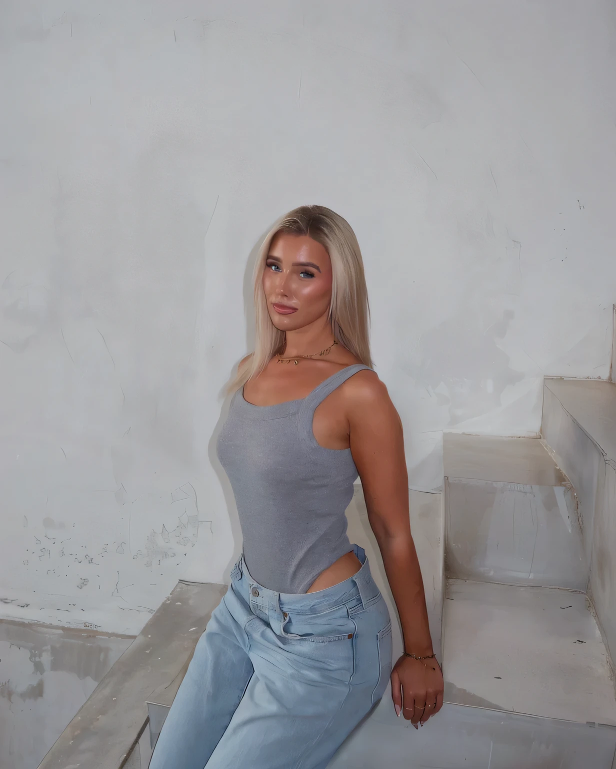 blonde woman in gray tank top and jeans sitting on stairs, Female model from 2 to 4 years old, relaxed pose, Dasha Taran, photo d&#39;A model, Magdalena plus souvent, Victoria Gavrilenko, Instagram Model, Mia Kischner, Elena Belova, image de profil, tenue moulante, Angelina Stroganova, wear a low-cut tank top