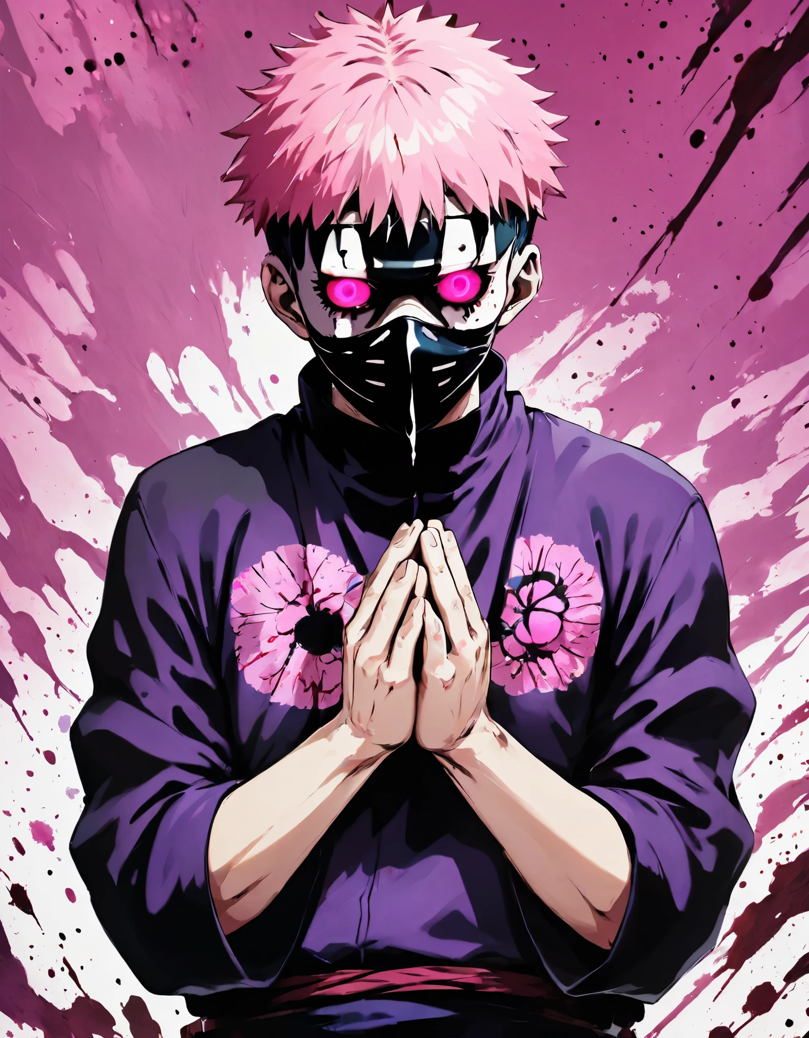 In the image, there is a character from the anime Jujutsu Kaisen with their hands in a praying position in front of their face. The character is wearing a mask and has pink eyes. The background is a purple and black splatter.