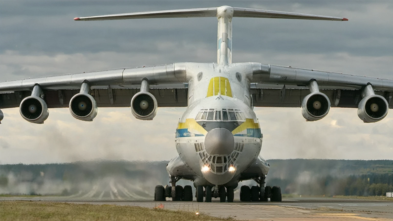 il_76 standing on runway, close up, Five engines on each side