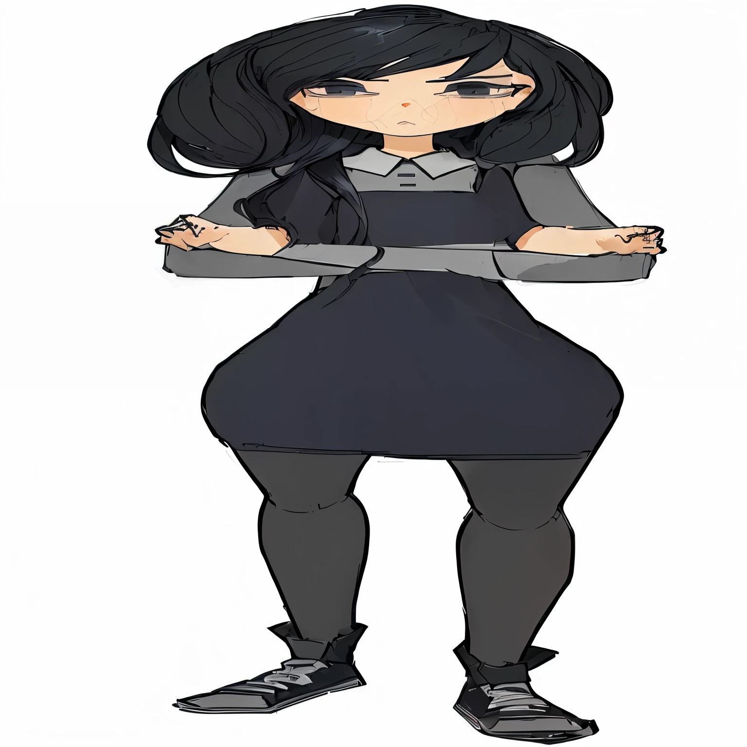 a cartoon girl with long black hair and a gray dress, distant full body view, single character full body, full body single character, she is wearing a black dress, arms folded, wearing a dark dress, full length character, zoomed out full body, girl standing, tall female emo art student, standing elegant pose, gray anthropomorphic, full body character