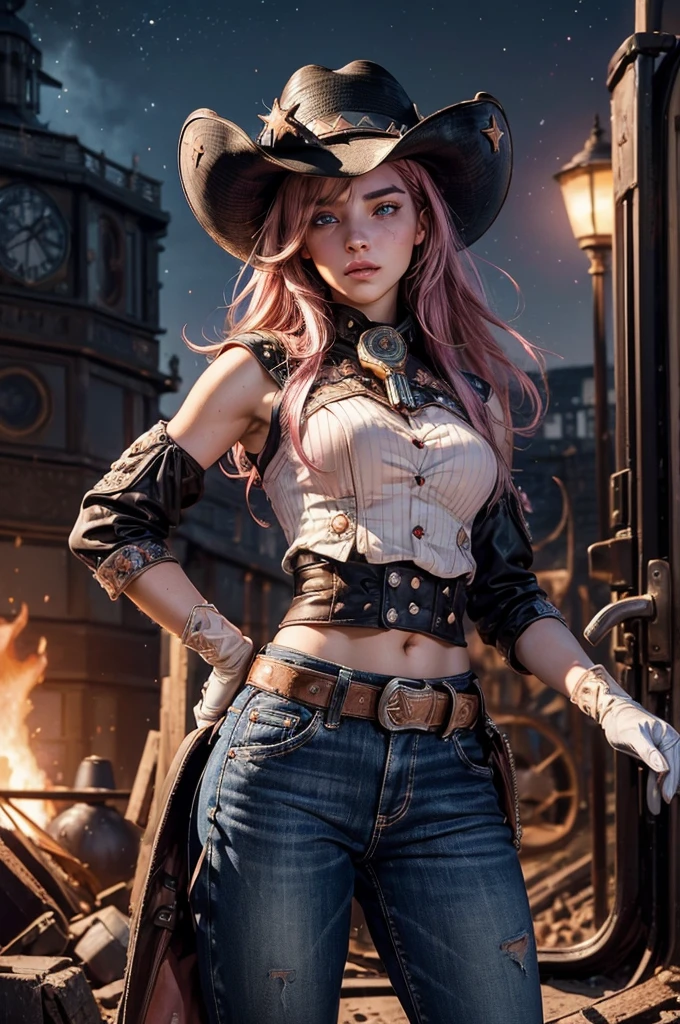 (masterpiece,stunning girlfriend, (standing:1.1), dynamic pose, heart shaped face, elegant face, beautiful face, highly detailed face, highly detailed skin, skin pores, subsurface scattering, realistic pupils, looking at viewer, full lips, detailed background, depth of field, atmospheric perspective, volumetric lighting, sharp focus, absurdres, realistic proportions, good anatomy, (realistic, hyperrealistic:1.4), 16k hdr, neopolitan, neopolitan, long hair, brown hair, (brown eyes:1.3), brown eyes, pink eyes, (heterochromia:1.2), ((two-tone hair, split-color hair, pink hair, brown hair, multicolored hair)), BREAK gloves, hat, navel, detached sleeves, midriff, belt, pants, white gloves, black headwear, bowler hat, boxing pose, BREAK standing in old steam train, night, stars, moon, post-apocalypse, dystopian future, london in ruins, big ben, crowd, (crowd in military uniforms), bonfires, BREAK looking at viewer, (cowboy shot:1.5), BREAK (masterpiece:1.2), best quality, high resolution, unity 8k wallpaper, (illustration:0.8), (beautiful detailed eyes:1.6), extremely detailed face, perfect lighting, extremely detailed CG, (perfect hands, perfect anatomy)