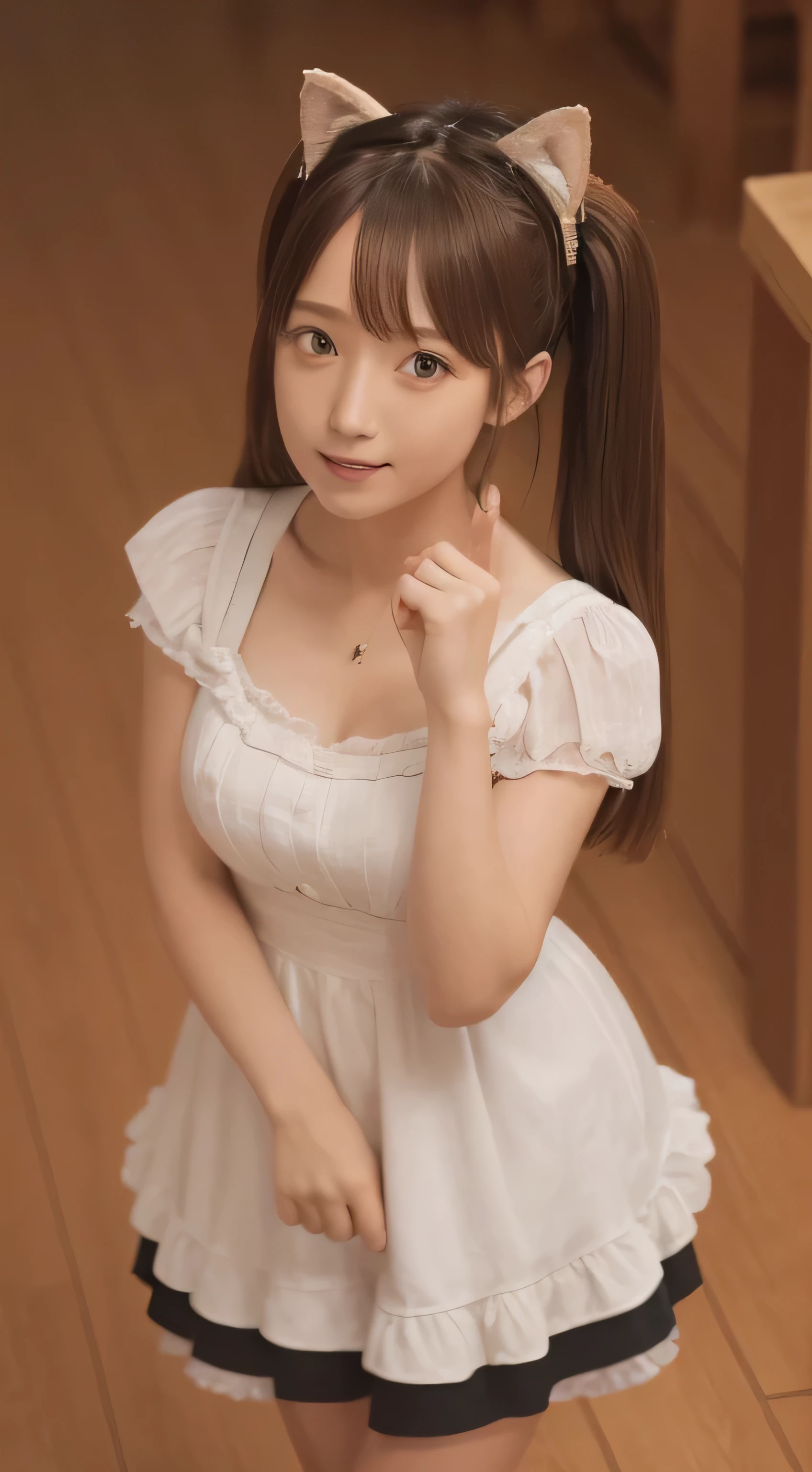 Tabletop, highest quality, shape, Very detailed, In detail, High resolution, 8k wallpaper, Perfect dynamic composition, ((close:1.3, From above, View your audience)), Beautiful details , (Wearing cotton maid clothes, , Cute Ruffle Girl Dress, Maid's headband, Base color is white、black、green),Twin tails