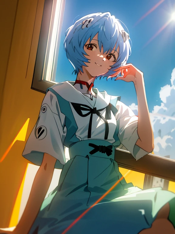 1 chica, Ayanami, evangelion, 8K, mejor calidad, sonrisa gentil, tela japonesa, Mirando por la ventana, more details,bebiendo jugo, verano, estilo de moda, colores brillantes,luz de sol