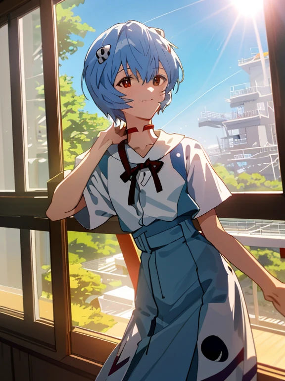 1 chica, Ayanami, evangelion, 8K, mejor calidad, sonrisa gentil, tela japonesa, Mirando por la ventana, more details,bebiendo jugo, verano, estilo de moda, colores brillantes,luz de sol