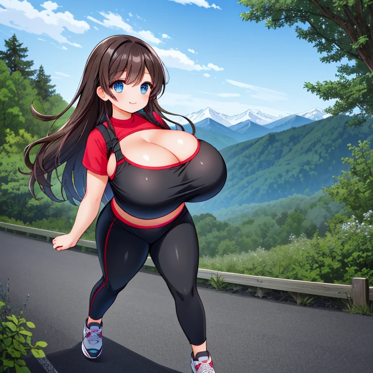 A Beautiful and Attractive Girl, with (Lush, Medium-Long Dark-Brown Hair), (Big Beautiful Blue Eyes), (Extremely Enormous Breasts), (Extremely Wide Hips), and an Extremely Curvy Body, with a slightly muscular Figure. She is wearing a ((Big Cleavage, Very Tight, Red Cropped Top)), (Long, Black Gym Shorts), and (Dark-Gray Running Shoes). She’s Standing with a Happy expression, In a Forest, with a beautiful view of the Mountains in the background. (((Best Quality))), ((1girl)), (((Best Resolution))), (((Perfect Anatomy))), ((Perfectly Drawn Hands)), ((Perfectly Detailed)), ((High Accuracy)), ((Accurately Weathered)),