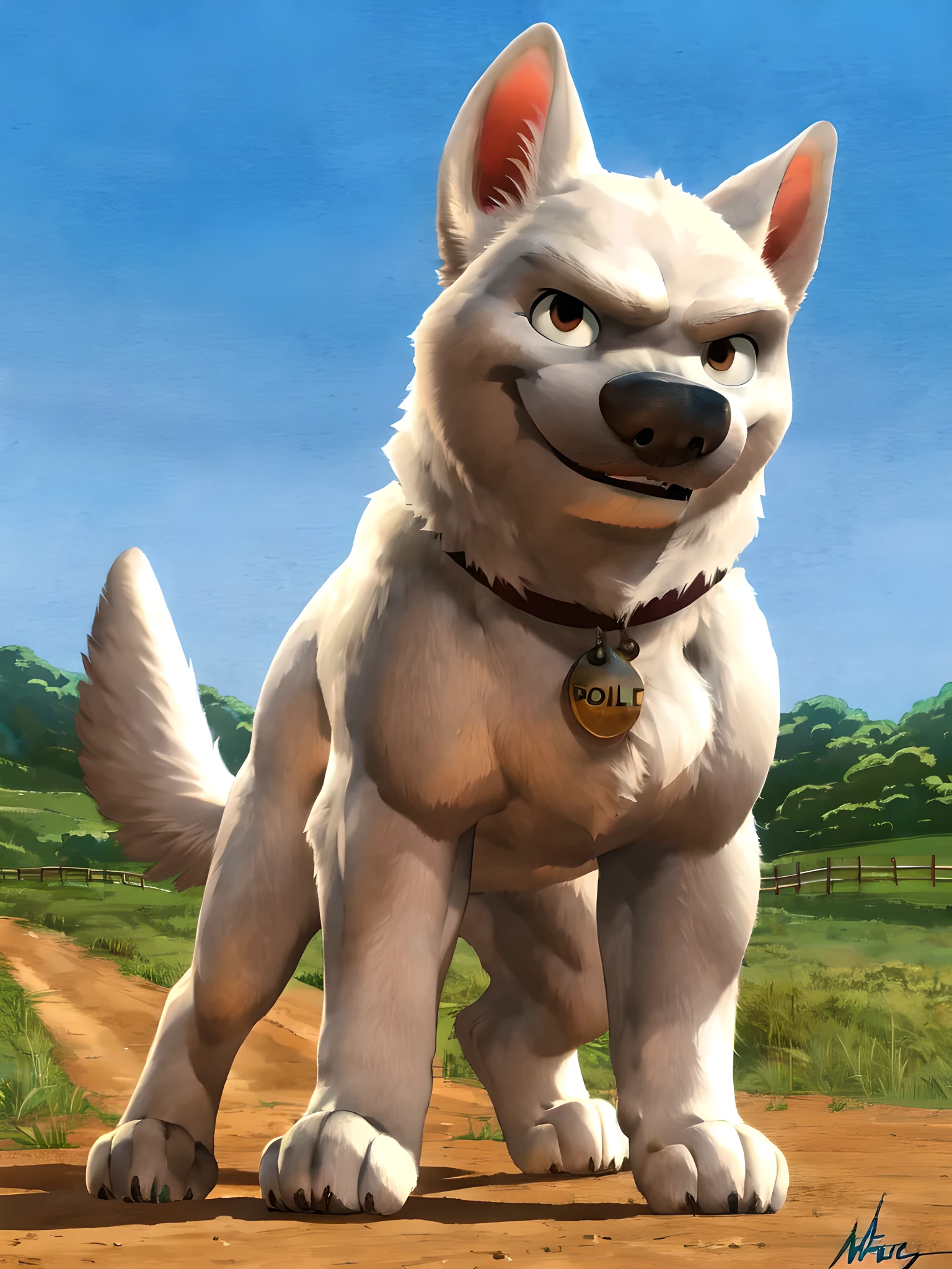 bolt the dog, adult, masculine, male, quadruped, feral dog, very muscular:1.3, muscles:1.2, pectorals:1.2, muscular shoulders, muscular neck, wide chest, muscular chest, negger style, wfa style, countryside background, watercolors, cel shading, full body, detailed eyes, high quality, high resolution, detailed, collar, angry eyes, smile