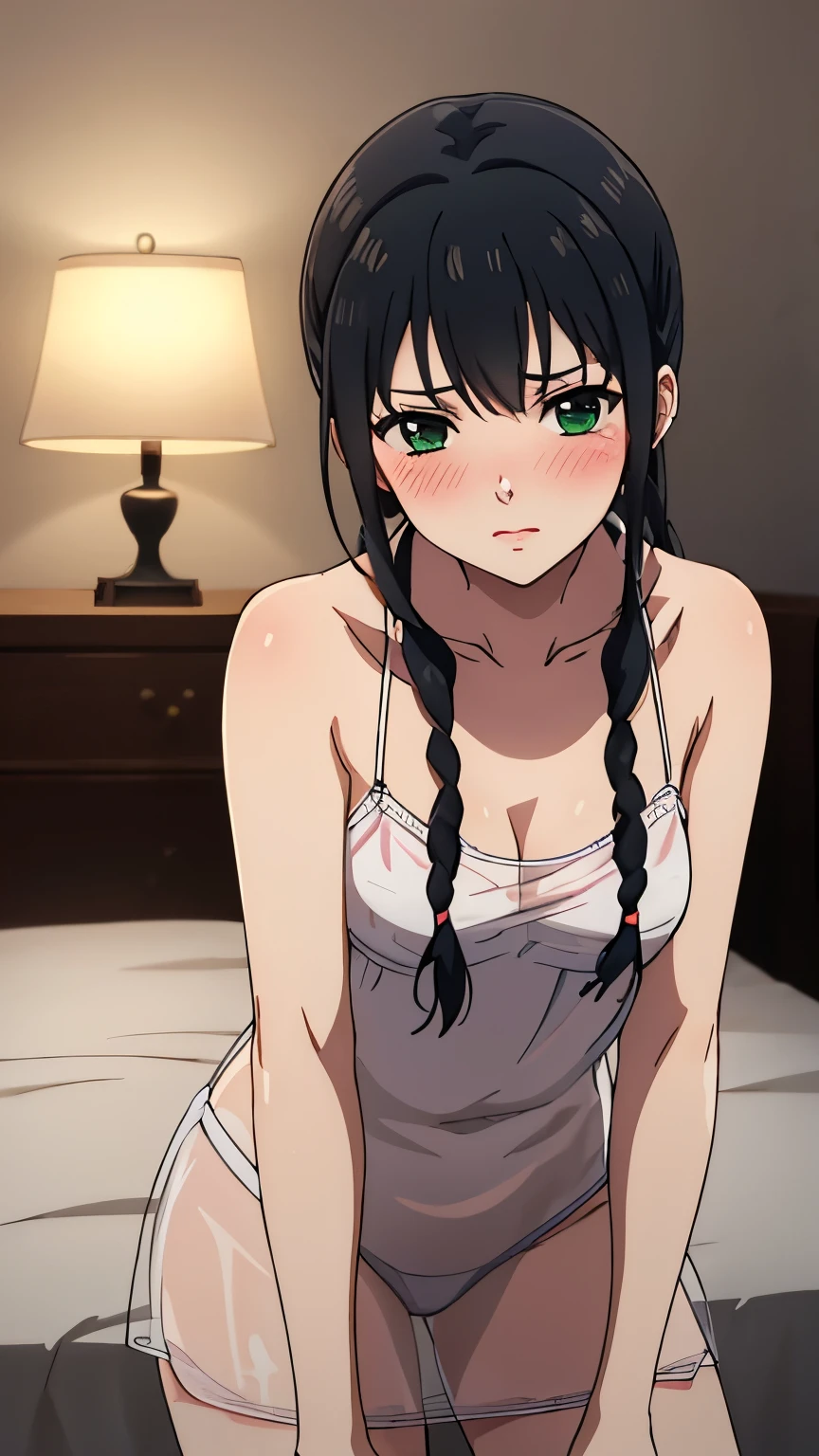 (masterpiece, best quality, 8k:1.2),
1 girl, Kyoukai, black hair, braids, ponytail, green eyes, eyelashes, medium breasts, (bangs, negligee, bed,room, blush),(see through:0.8),
alone, looking at the viewer, cowboy shot