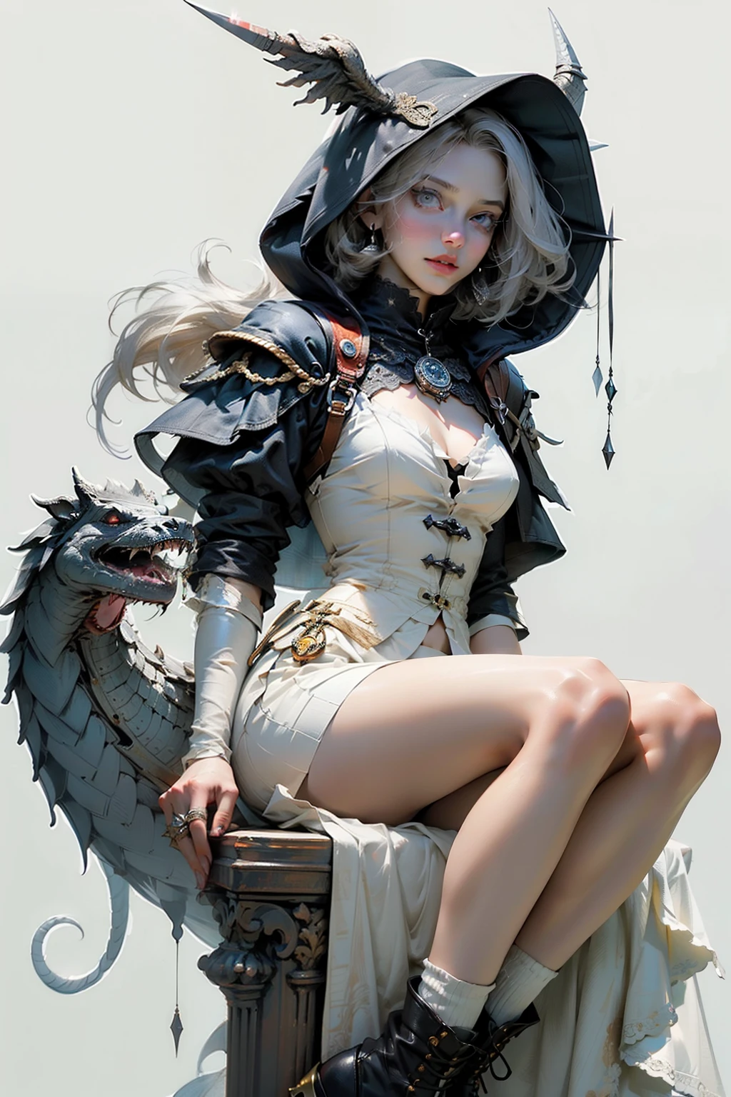((best quality)), ((masterpiece)), (detailed), perfect face, hand drawn style, hand painted style, watercolour, sketch, a knight, white background, plain background, Bloodborne inspired, tatty Bloodborne attire, occult aesthetic, occult, tatty red and white clothing detailed and intricate steampunk and detailed gothic lolita (with a hood), diadems, long coat, Complex laced boots, Fluttering lace flared long knee length dress with frilly petticoats, long dress, knee length dress, pleated petticoats, lolita dress, petticoats gothic lolita, beautiful small breasts, (((( Highly detailed face))), small thin nose, Small thin lips mouth, (((Very sharp focused eyes))), Very large slit precision pale grey eyes that shine like jewels. very long eyelashes, Silver hair swaying in the wind, Emitting a dazzling light in a mandala pattern, white background, Very dramatic and cinematic lighting, tatty damaged old red and white clothing, full body, whole body, body, cosmic horror, grim dark