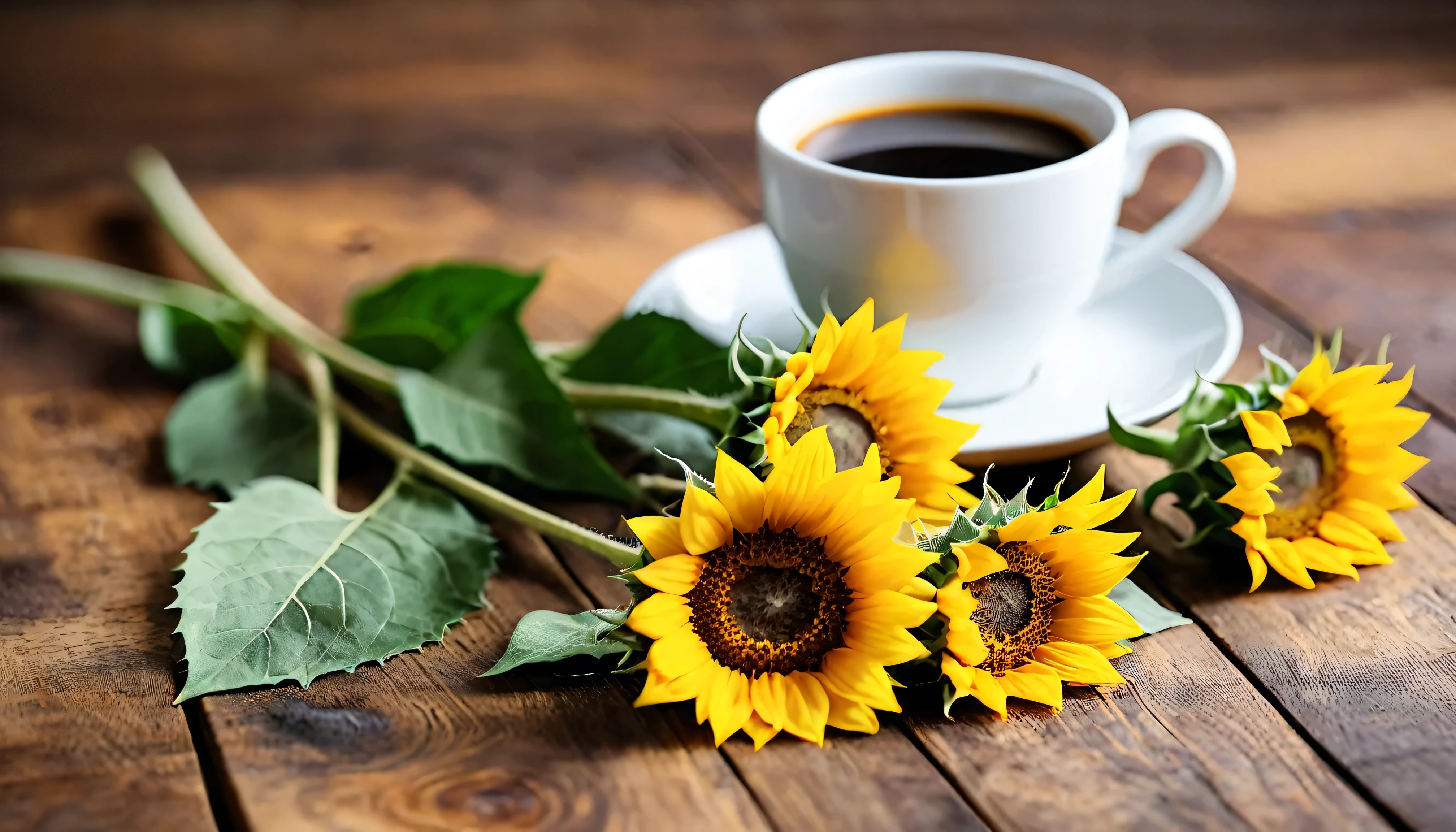 Minimalist style.A bunch of whole mini sunflowers lying flat on a wooden tabletop, Bokeh background、a cup of coffee.Create a fresh、Bright、Relaxing and comfortable atmosphere，Evoking a sense of tranquility and simplicity。A peaceful aura or meditative state has a warm and pure atmosphere