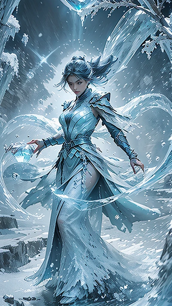 (((1 girl)))，imperial water，magician，（loose dress：1.5），（perfect facial features：1.4），（blue armor），（Mysterious magic array：1.2），Blue glow，（Frost Wings），(((Powerful ice magic)))，(((icicle)))，Towering above the wind，Blue light cold light，(((Ice storms)))，wind，((Flying snow ice and snow))，Amazing results，,best quality,masterpiece,ultra high resolution,detailed,intricate details,8k resolution,8KUCG wallpaper,high dynamic range,Aqua blue,magic circle,Cinema-level lighting effects,chiaroscuro，Ray tracing、NVIDIA RTX