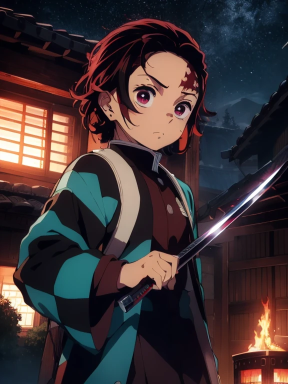 Kamado Tanjiro con una katana en la mano., Flames and cuts of blue and red fire are everywhere., cara determinada, imagen de ultra alta calidad, hermoso rostro