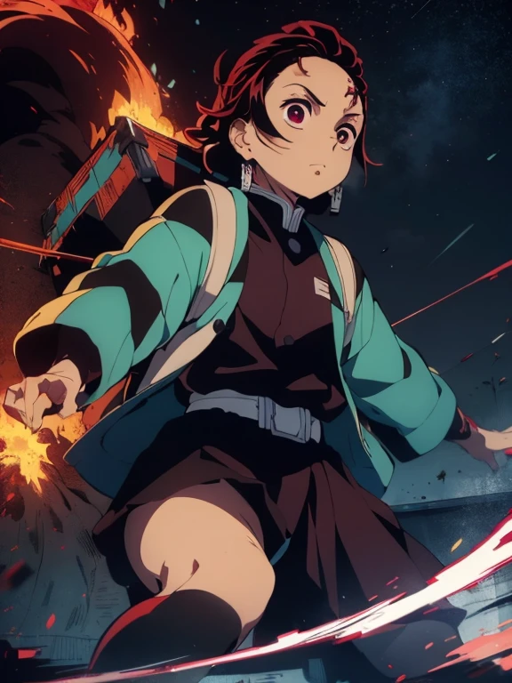 Kamado Tanjiro con una katana en la mano., Flames and cuts of blue and red fire are everywhere., cara determinada, imagen de ultra alta calidad, hermoso rostro