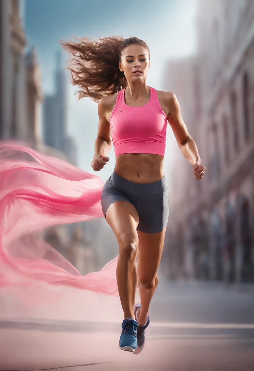 1 girl, solo, running, Gray Track Top, pink shorts, ponytail, athletic build, dynamic brushstrokes, fluid movement, capturing the essence of her athleticism and energy, using light colors and soft tones to create a dreamy and ethereal atmosphere, portraying the motion and grace of running, showing the wind blowing her ponytail and clothes, and the scenery of her surroundings.
outdoors, detailed background, Modern metropolis,
