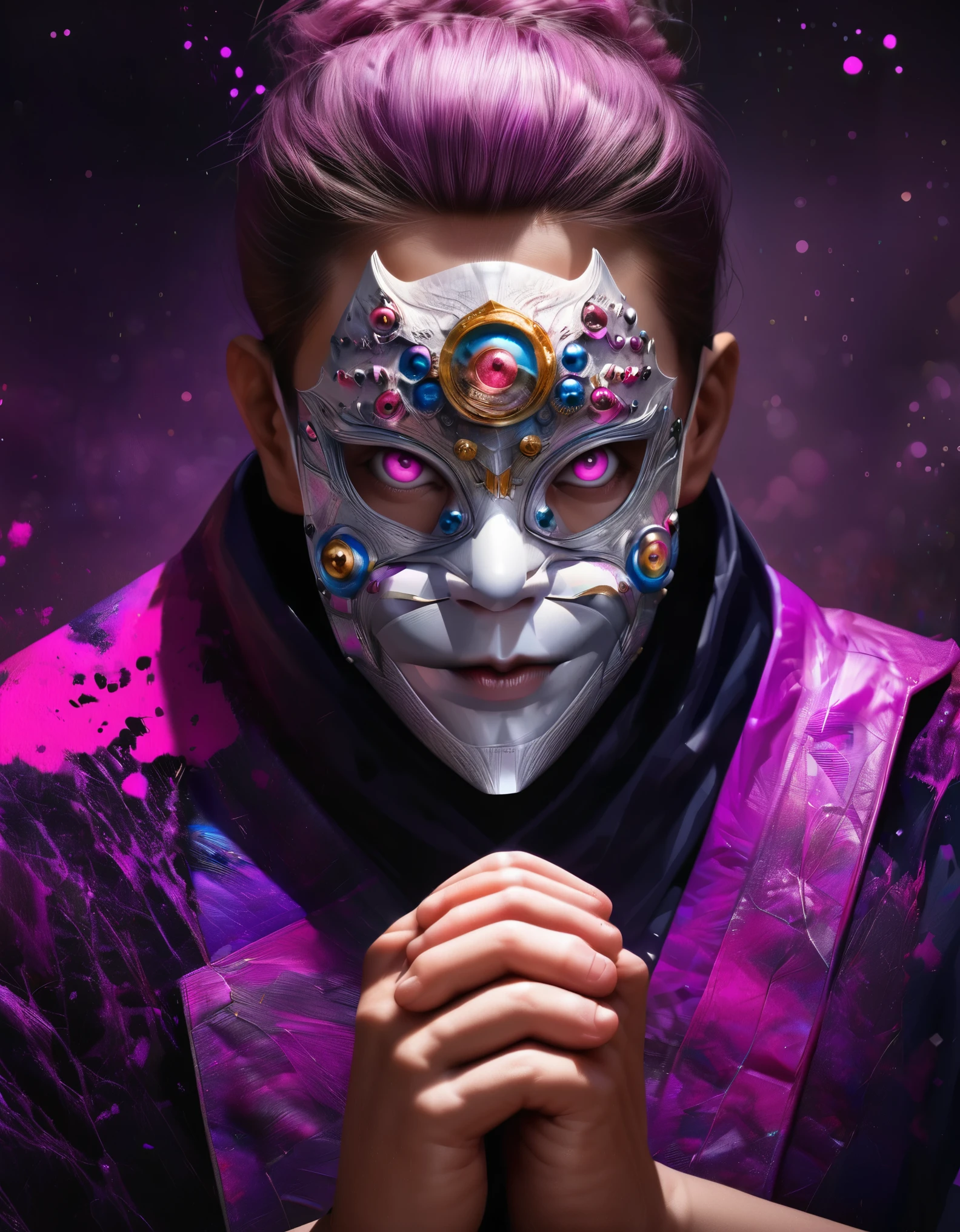 anime,Jujutsu Kaisen,characters with their hands in a praying position in front of their face,[praying hands] wearing a mask,[mask] pink eyes,[pink eyes] purple and black splatter background,[purple and black splatter] vivid colors,realistic,physically-based rendering,extremely detailed,ultra-detailed,sharp focus,professional,bokeh