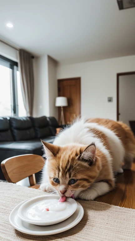 A cute little kitten is licking a plate with milk while its tongue out on the living room table,