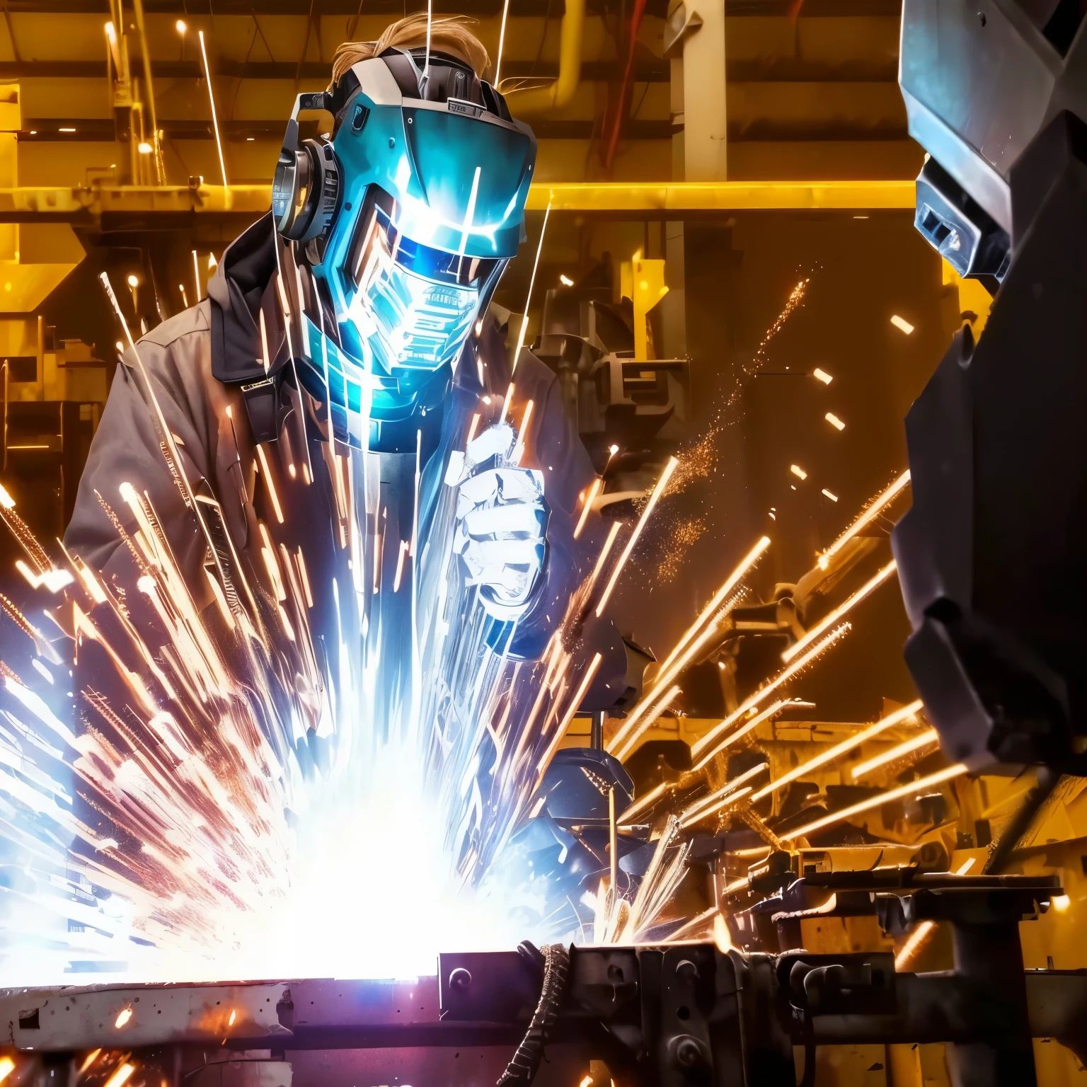 a man in a welding mask is welding a piece of metal, arm welding torches, manufacturing, metalurgia, fotografia industrial, Industries, welding helmet head, obras de metal, Steel plating, 3 4 5 3 1, Asas de soldador, mechanical Engenharia, Engenharia, trabalhadores, foundries, steel mill, maquinaria industrial, robot machinery, mecanizado, trabalho profissional