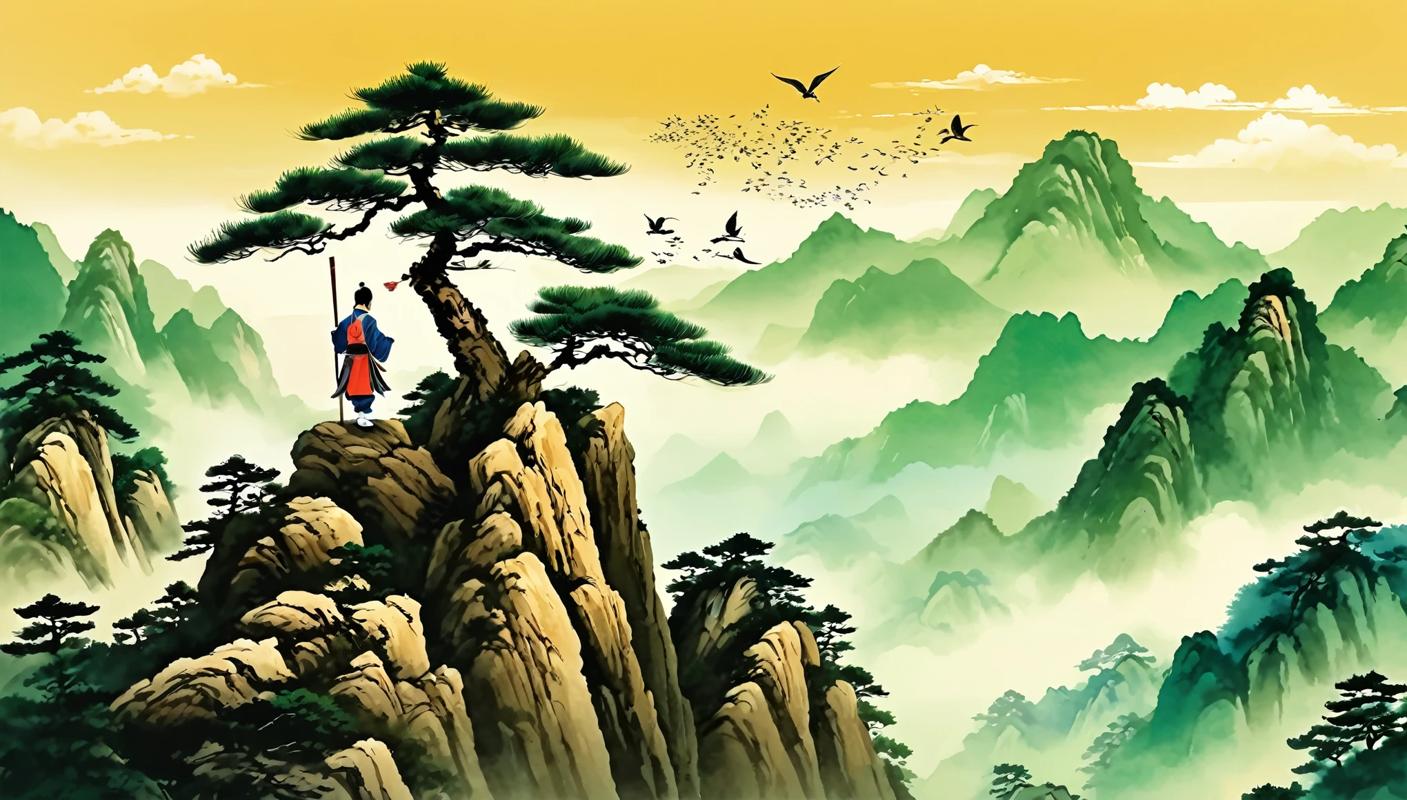 Super detailed,Chinese ink painting style,Chinese landscapes,Huangshan,A cute Chinese boy,Dressed in ancient Chinese costume,Sword dance on the mountain top。The welcoming pine tree stands tall,Birds circling in the sky