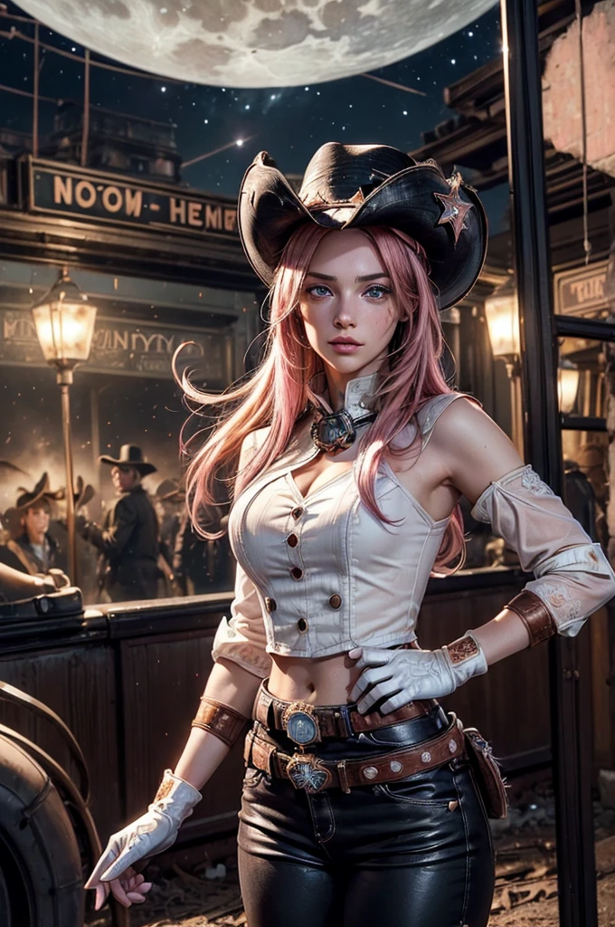 (masterpiece,stunning girlfriend, (standing:1.1), dynamic pose, heart shaped face, elegant face, beautiful face, highly detailed face, highly detailed skin, skin pores, subsurface scattering, realistic pupils, looking at viewer, full lips, detailed background, depth of field, atmospheric perspective, volumetric lighting, sharp focus, absurdres, realistic proportions, good anatomy, (realistic, hyperrealistic:1.4), 16k hdr,  neopolitan, neopolitan, long hair, brown hair, (brown eyes:1.3), brown eyes, pink eyes, (heterochromia:1.2), ((two-tone hair, split-color hair, pink hair, brown hair, multicolored hair)), BREAK gloves, hat, navel, detached sleeves, midriff, belt, pants, white gloves, black headwear, bowler hat, boxing pose, BREAK standing inside old steam train, night, stars, moon, post-apocalypse, dystopian future, london in ruins, big ben, crowd, (crowd in military uniforms), bonfires, BREAK looking at viewer, (cowboy shot:1.5), BREAK (masterpiece:1.2), best quality, high resolution, unity 8k wallpaper, (illustration:0.8), (beautiful detailed eyes:1.6), extremely detailed face, perfect lighting, extremely detailed CG, (perfect hands, perfect anatomy)