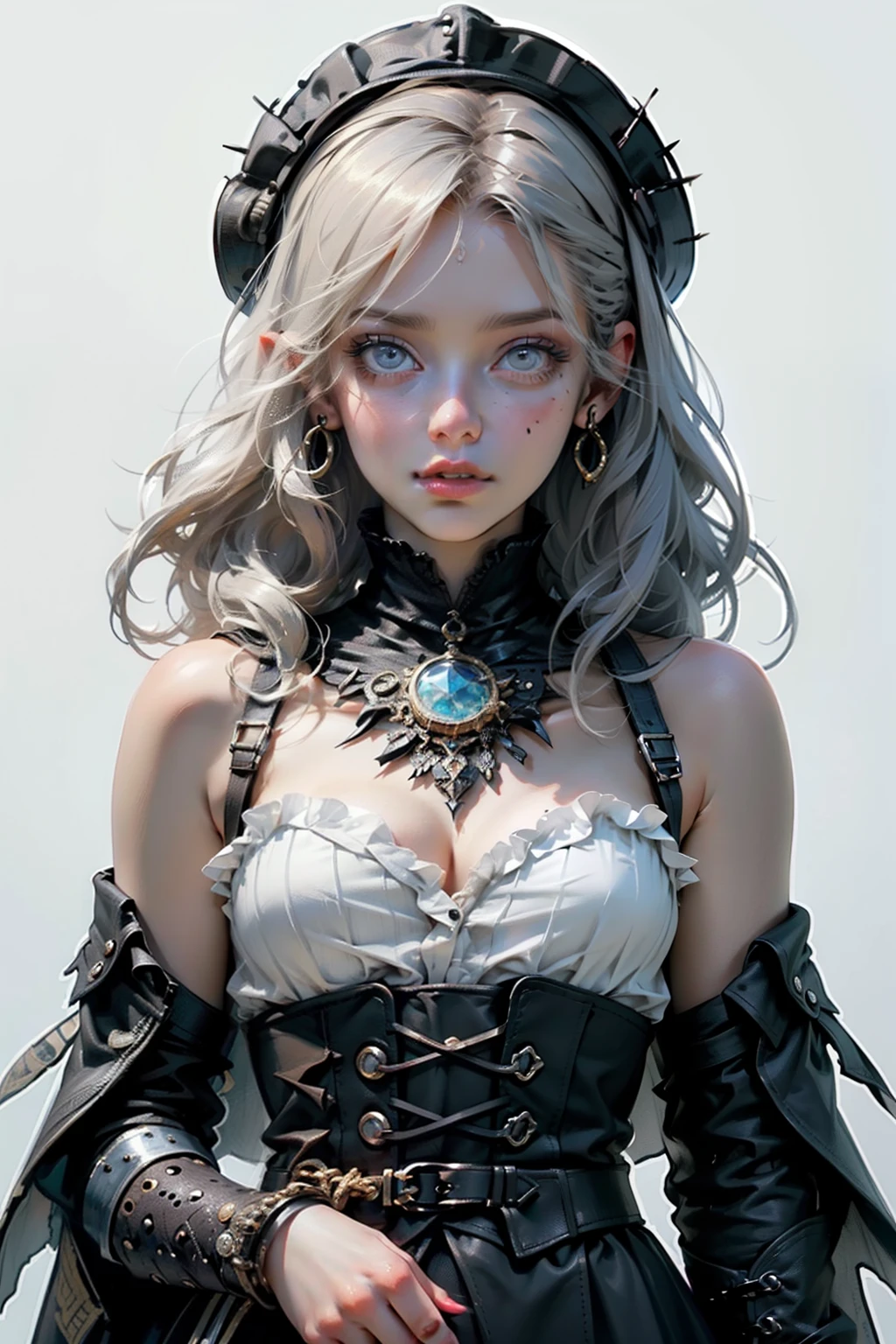 ((best quality)), ((masterpiece)), (detailed), perfect face, hand drawn style, hand painted style, watercolour, sketch, a knight, white background, plain background, Bloodborne inspired, tatty Bloodborne attire, occult aesthetic, occult, tatty red and white clothing detailed and intricate steampunk and detailed gothic lolita (with a hood), diadems, long coat, Complex laced boots, Fluttering lace flared long knee length dress with frilly petticoats, long dress, knee length dress, pleated petticoats, lolita dress, petticoats gothic lolita, beautiful small breasts, (((( Highly detailed face))), small thin nose, Small thin lips mouth, (((Very sharp focused eyes))), Very large slit precision pale grey eyes that shine like jewels. very long eyelashes, Silver hair swaying in the wind, Emitting a dazzling light in a mandala pattern, white background, Very dramatic and cinematic lighting, tatty damaged old red and white clothing, full body, whole body, body, cosmic horror, grim dark