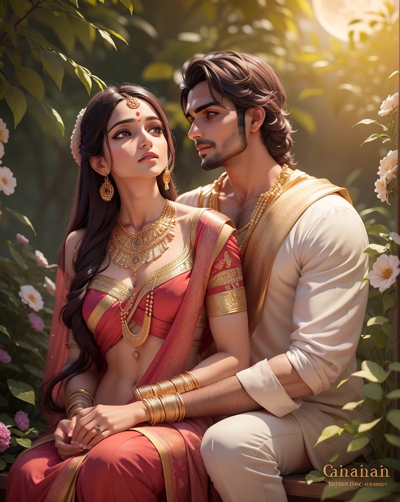 a Beautiful Indian couple of handsome men, bare upper body, dhoti in lower body, ancient indian male jewelry and beautiful women in indian saree, necklace, indian female jewellery, romantic pose, in big moon night, dinner in garden, soothing tones, muted colors, high contrast, (natural skin texture, hyperrealism, soft light, sharp, full body), Beautiful background,simple background,