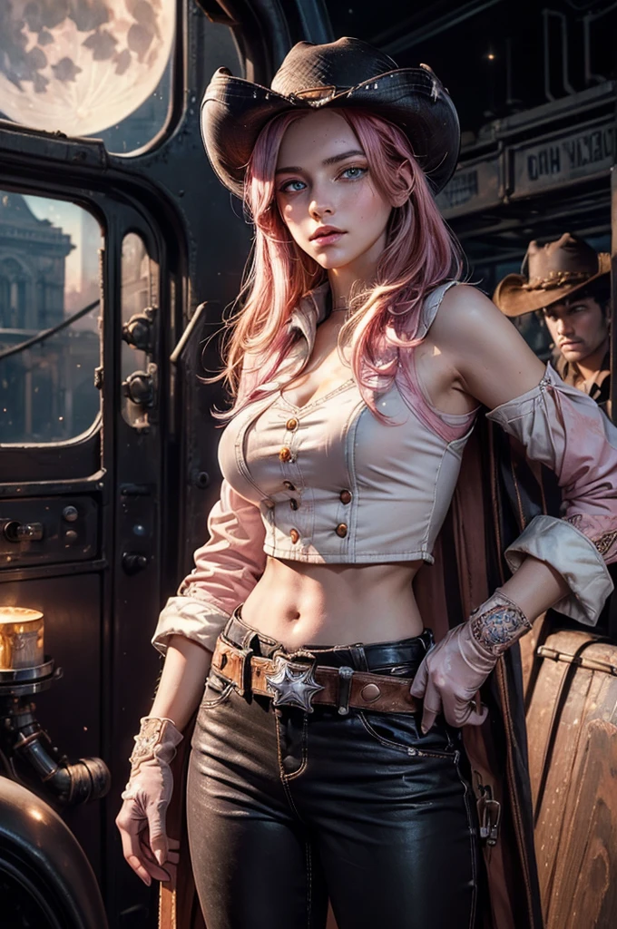 (masterpiece,stunning girlfriend, (standing:1.1), dynamic pose, heart shaped face, elegant face, beautiful face, highly detailed face, highly detailed skin, skin pores, subsurface scattering, realistic pupils, looking at viewer, full lips, detailed background, depth of field, atmospheric perspective, volumetric lighting, sharp focus, absurdres, realistic proportions, good anatomy, (realistic, hyperrealistic:1.4), 16k hdr, neopolitan, neopolitan, long hair, brown hair, (brown eyes:1.3), brown eyes, pink eyes, (heterochromia:1.2), ((two-tone hair, split-color hair, pink hair, brown hair, multicolored hair)), BREAK gloves, hat, navel, detached sleeves, midriff, belt, pants, white gloves, black headwear, bowler hat, boxing pose, BREAK standing inside old steam train, night, stars, moon, post-apocalypse, dystopian future, london in ruins, big ben, crowd, (crowd in military uniforms), bonfires, BREAK looking at viewer, (cowboy shot:1.5), BREAK (masterpiece:1.2), best quality, high resolution, unity 8k wallpaper, (illustration:0.8), (beautiful detailed eyes:1.6), extremely detailed face, perfect lighting, extremely detailed CG, (perfect hands, perfect anatomy)