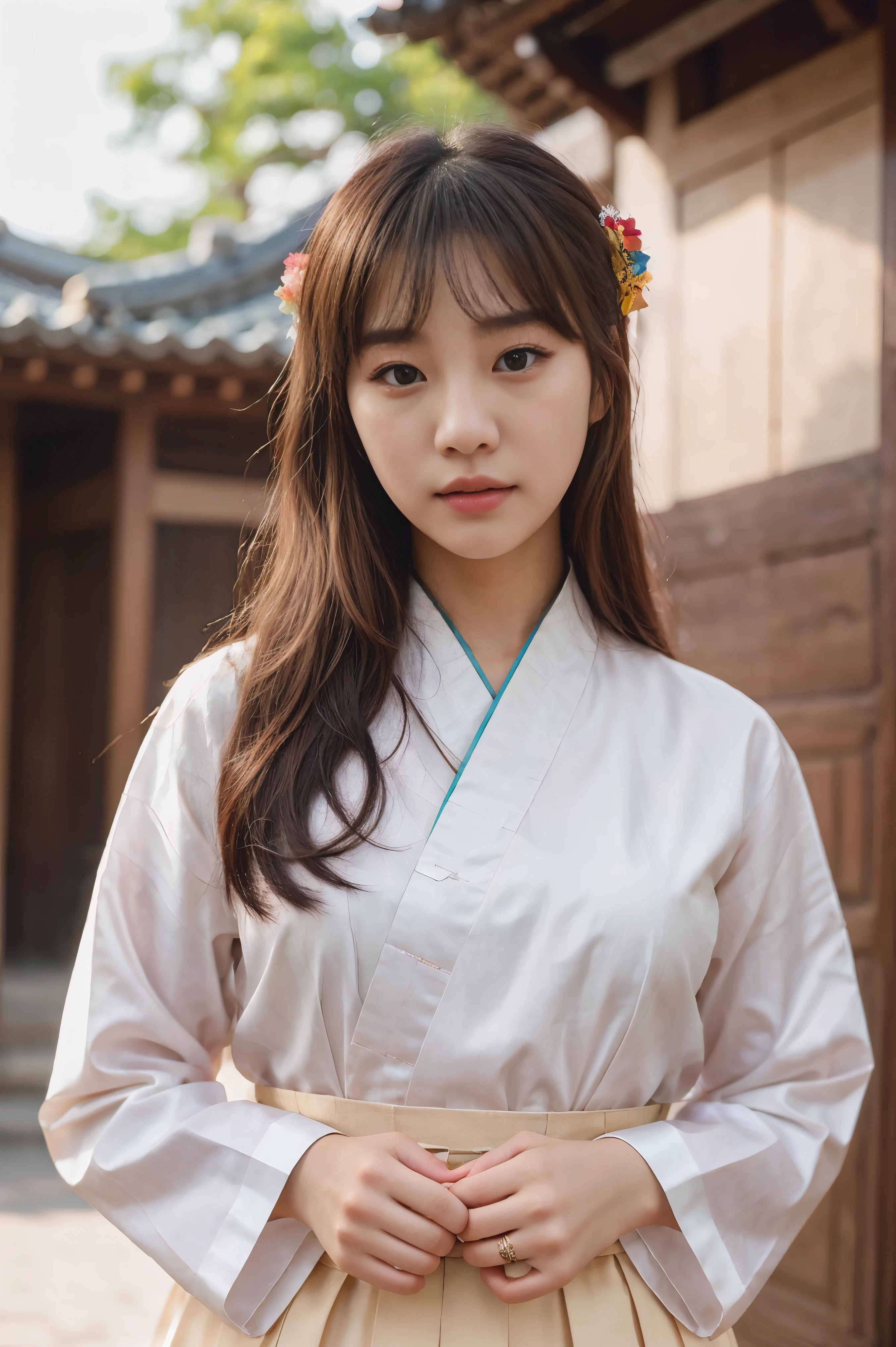 Korean girl, realistic photo, detailed facial features, smooth skin, traditional Korean dress, hanbok, natural lighting, soft background blur, high-resolution, vibrant colors, expressive eyes, serene expression, traditional Korean hairstyle, elegant pose, authentic cultural setting
