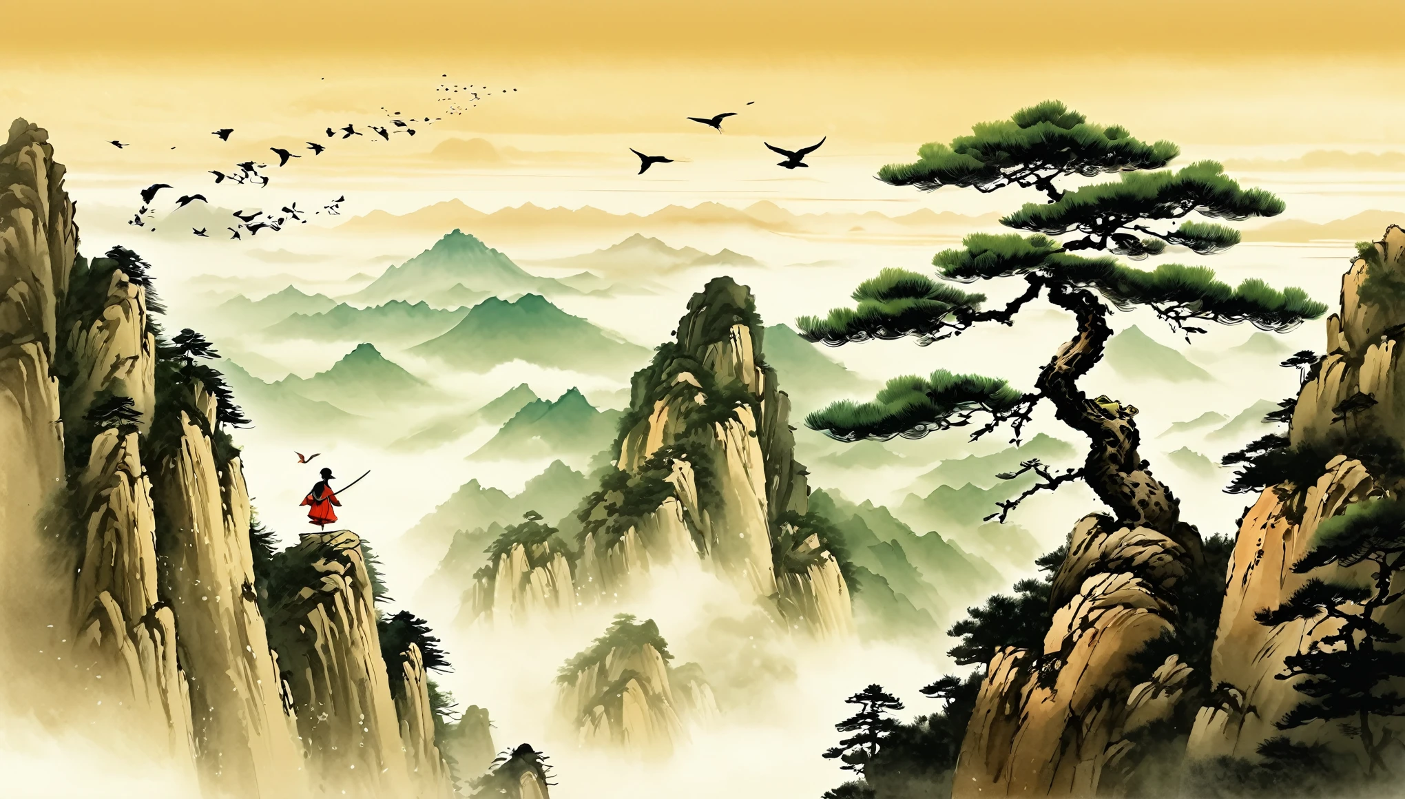 Super detailed，Chinese ink painting style，Chinese landscapes，Huangshan，A cute Chinese boy，Dressed in ancient Chinese costume，Sword dance on the mountain top。The welcoming pine tree stands tall，Birds circling in the sky