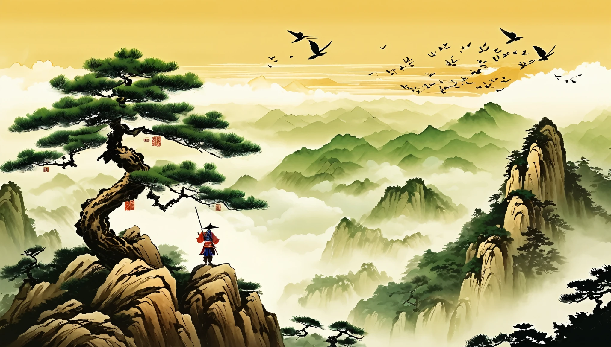 Super detailed，Chinese ink painting style，Chinese landscapes，Huangshan，A cute Chinese boy，Dressed in ancient Chinese costume，Sword dance on the mountain top。The welcoming pine tree stands tall，Birds circling in the sky