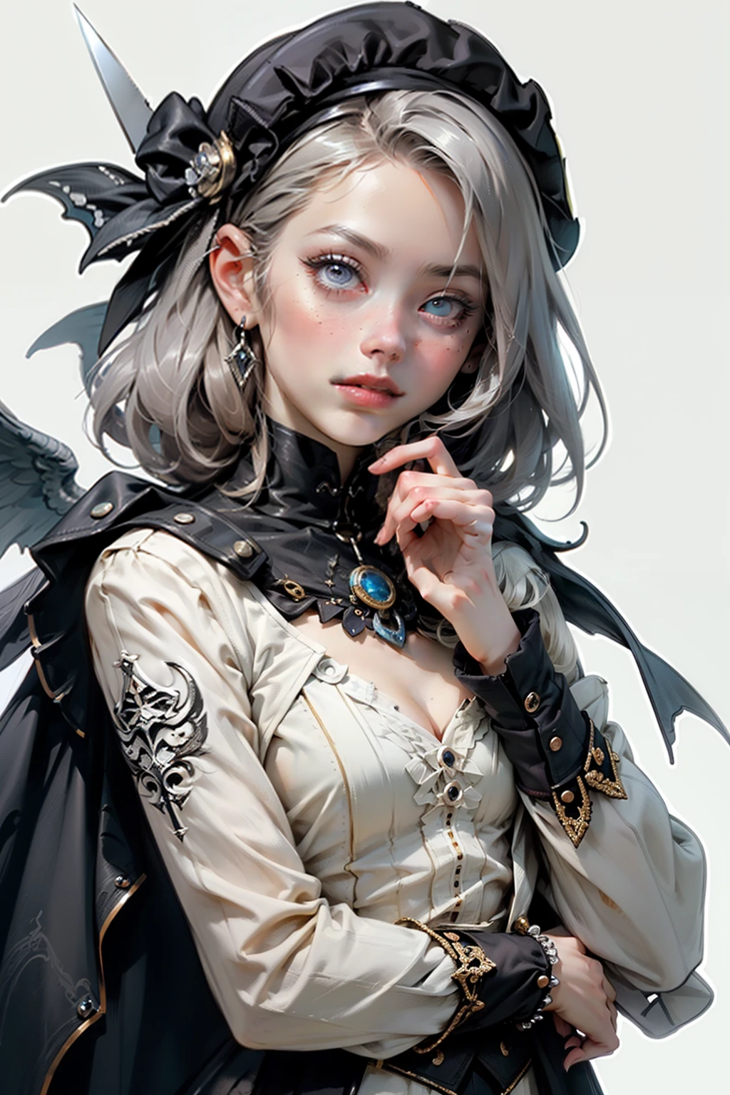 ((best quality)), ((masterpiece)), (detailed), perfect face, hand drawn style, hand painted style, watercolour, sketch, a knight, white background, plain background, Bloodborne inspired, tatty Bloodborne attire, occult aesthetic, occult, tatty red and white clothing detailed and intricate steampunk and detailed gothic lolita (with a hood), diadems, long coat, Complex laced boots, Fluttering lace flared long knee length dress with frilly petticoats, long dress, knee length dress, pleated petticoats, lolita dress, petticoats gothic lolita, beautiful small breasts, (((( Highly detailed face))), small thin nose, Small thin lips mouth, (((Very sharp focused eyes))), Very large slit precision pale grey eyes that shine like jewels. very long eyelashes, Silver hair swaying in the wind, Emitting a dazzling light in a mandala pattern, white background, Very dramatic and cinematic lighting, tatty damaged old red and white clothing, full body, whole body, body, cosmic horror, grim dark