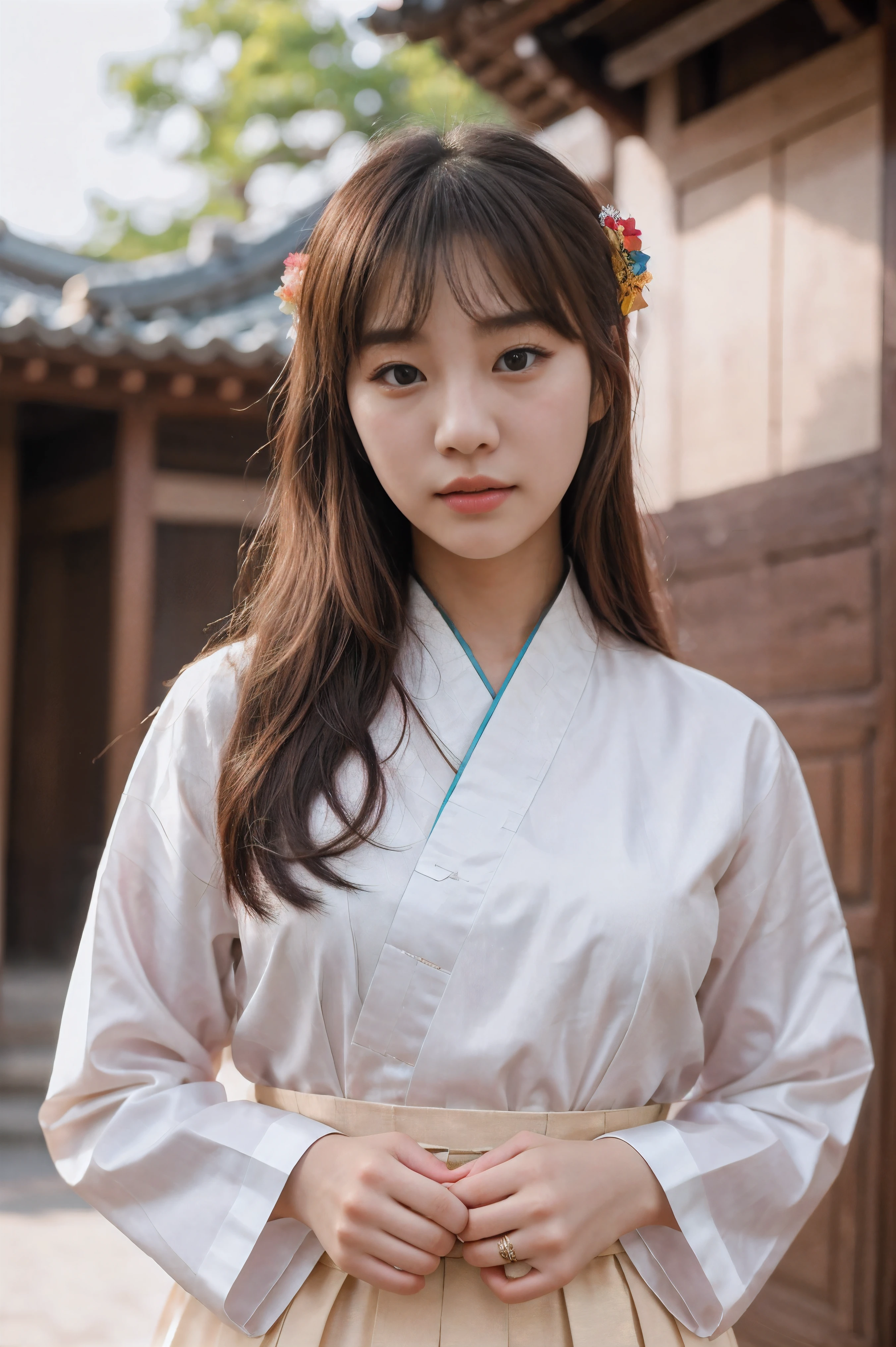 Korean girl, realistic photo, detailed facial features, smooth skin, traditional Korean dress, hanbok, natural lighting, soft background blur, high-resolution, vibrant colors, expressive eyes, serene expression, traditional Korean hairstyle, elegant pose, authentic cultural setting